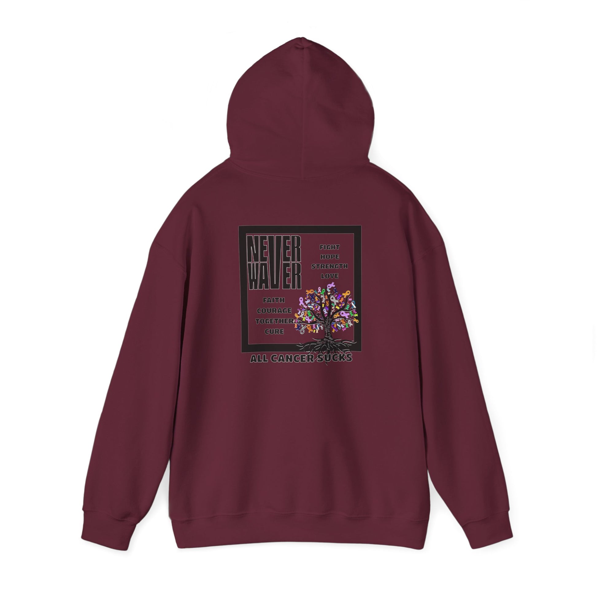 Cancer Awareness Hoodie - Never Waver - Fight, Hope, Strength, Love Tree of Ribbons - Never Waver
