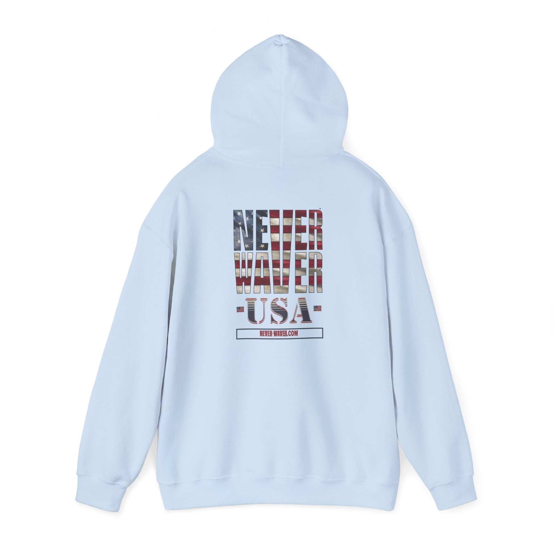 Unisex Heavy Blend™ Hooded Sweatshirt - 'Never Waver' USA Flag Design - Never Waver