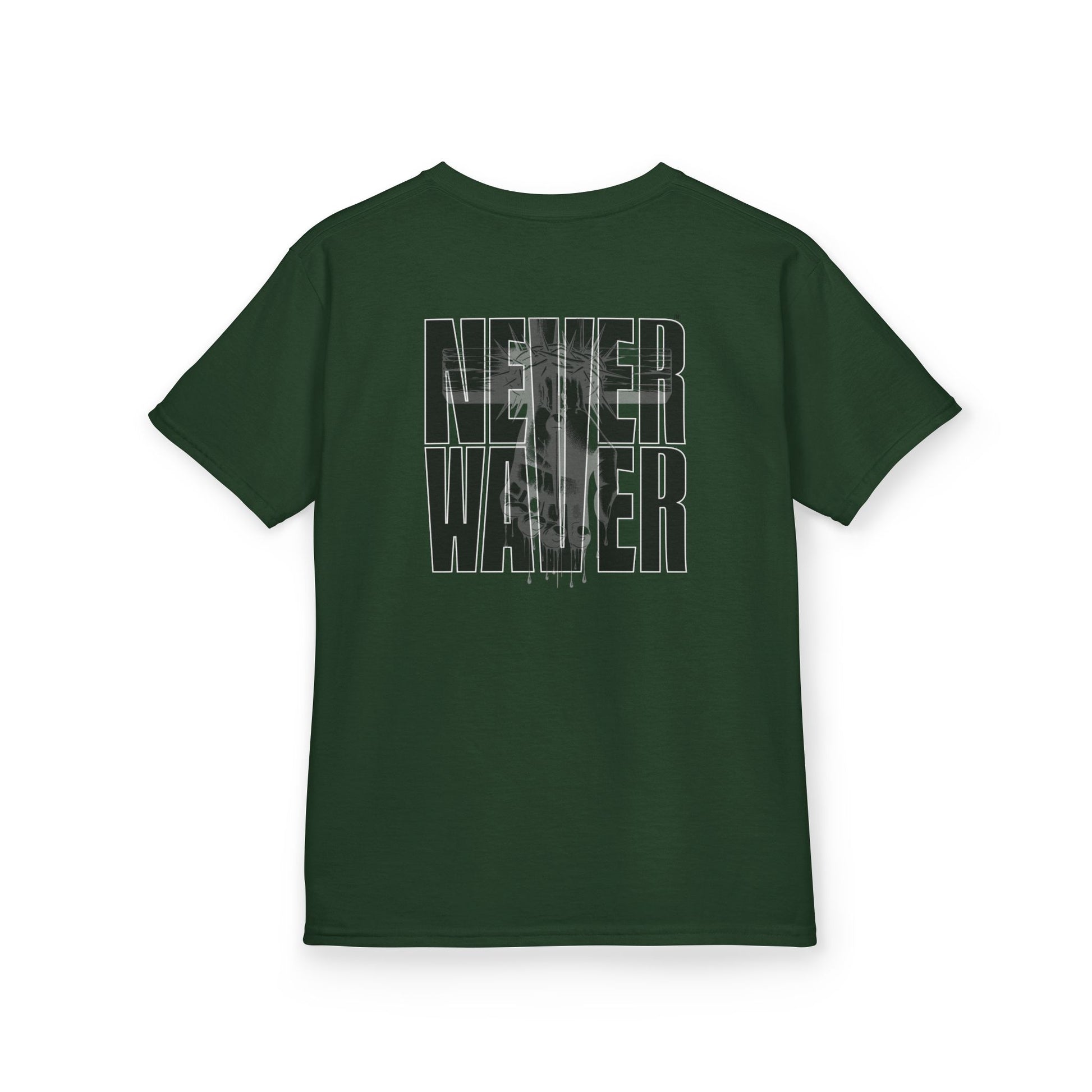 Kids Tee Never Waver” Jesus t-shirt might feature a bold, eye-catching design that reflects a steadfast faith and confidence in Christ.  - Never Waver