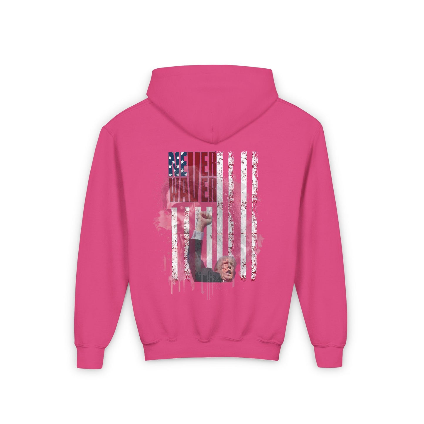 Never Waver Trump Fist Pump W Jesus Protection Vintage-Inspired Youth Hoodie with American Flag Design - Never Waver