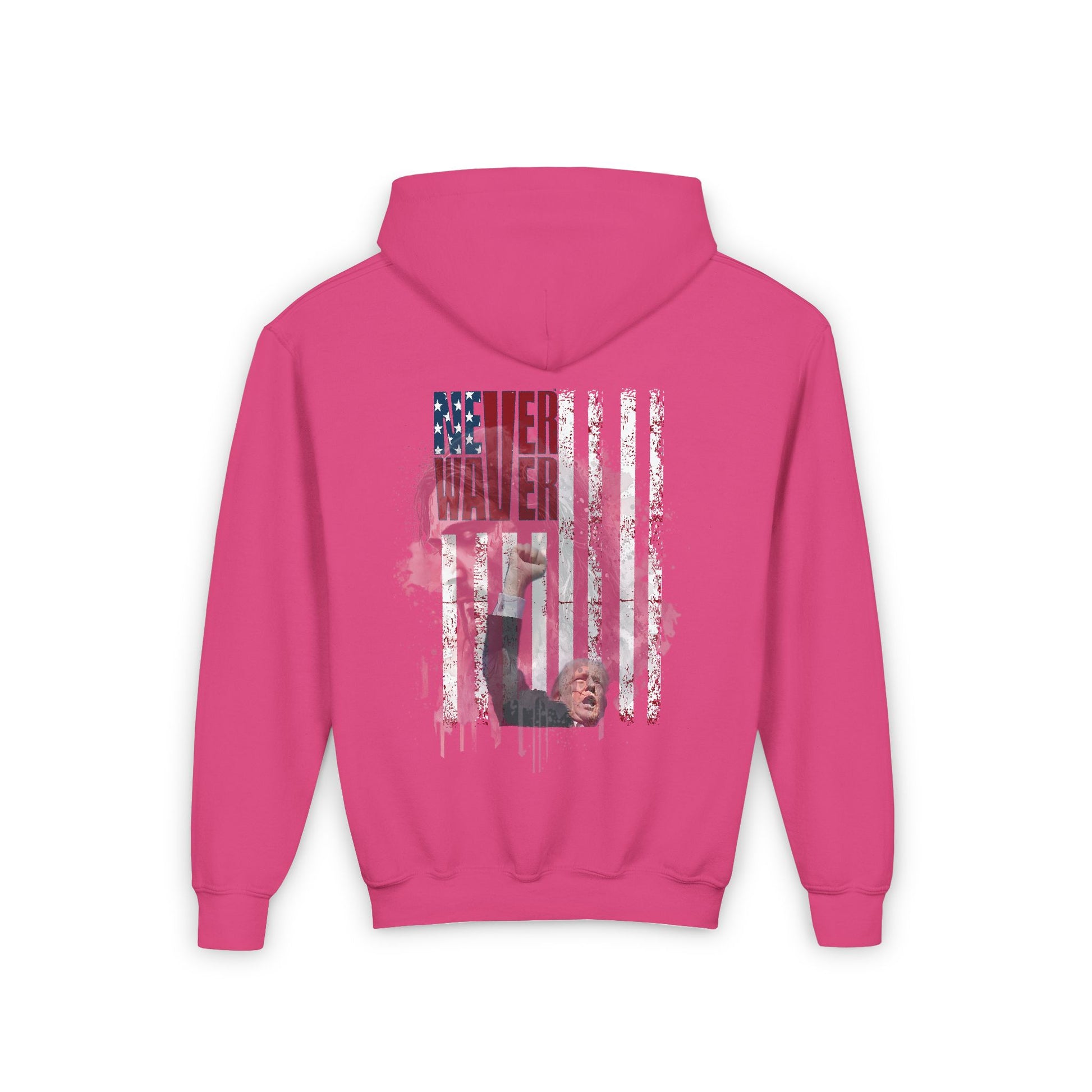 Never Waver Trump Fist Pump W Jesus Protection Vintage-Inspired Youth Hoodie with American Flag Design - Never Waver