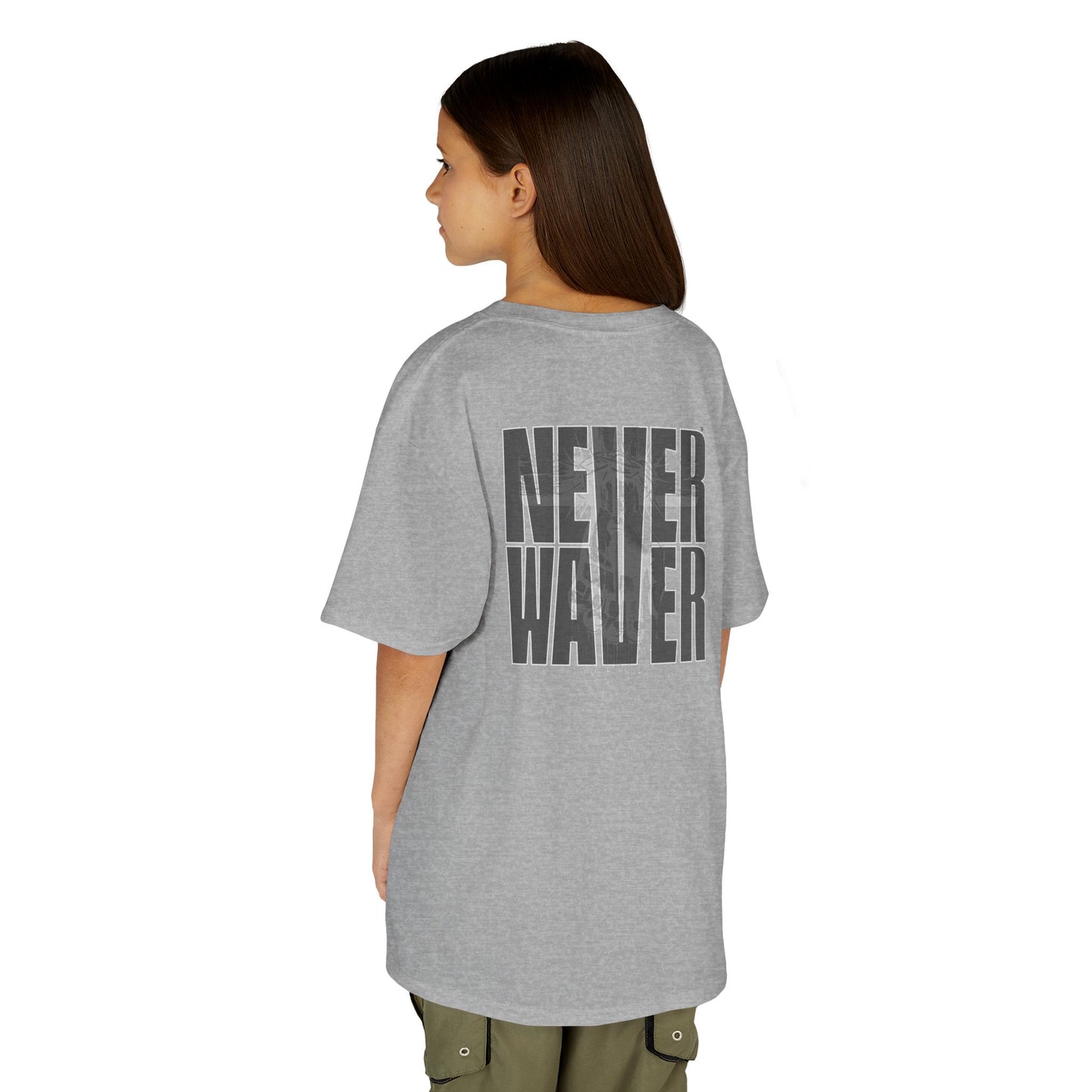 Kids Tee Never Waver” Jesus t-shirt might feature a bold, eye-catching design that reflects a steadfast faith and confidence in Christ.  - Never Waver