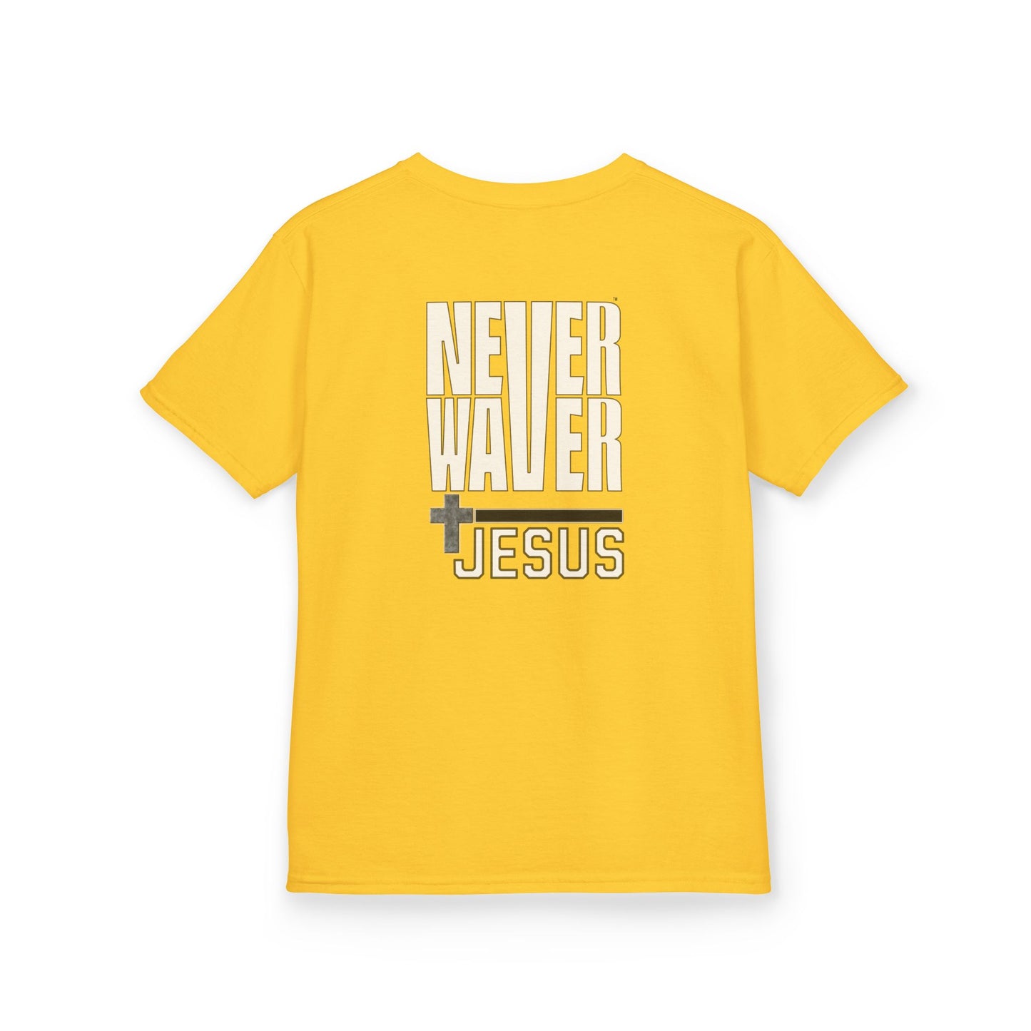 Kids Golf Tee -Never Waver” Jesus a bold, eye-catching design that reflects a steadfast faith and confidence in Christ. - Never Waver