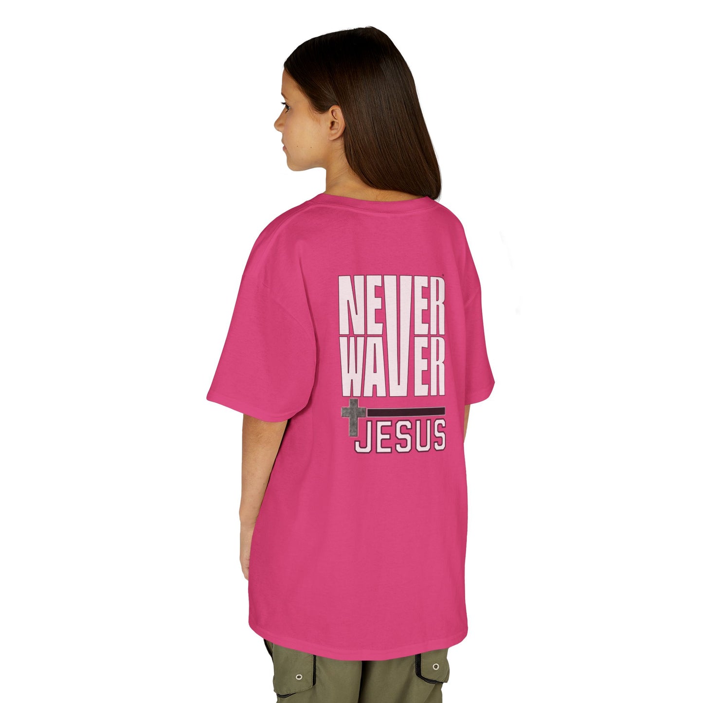 Kids Golf Tee -Never Waver” Jesus a bold, eye-catching design that reflects a steadfast faith and confidence in Christ. - Never Waver
