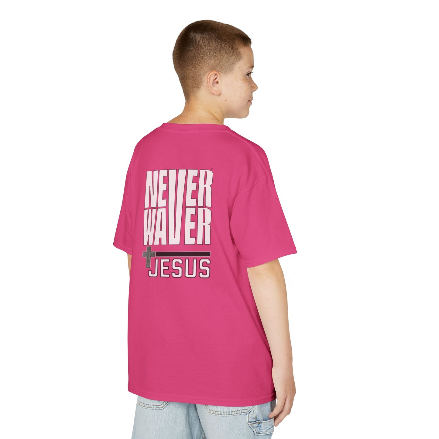 Kids Golf Tee -Never Waver” Jesus a bold, eye-catching design that reflects a steadfast faith and confidence in Christ. - Never Waver