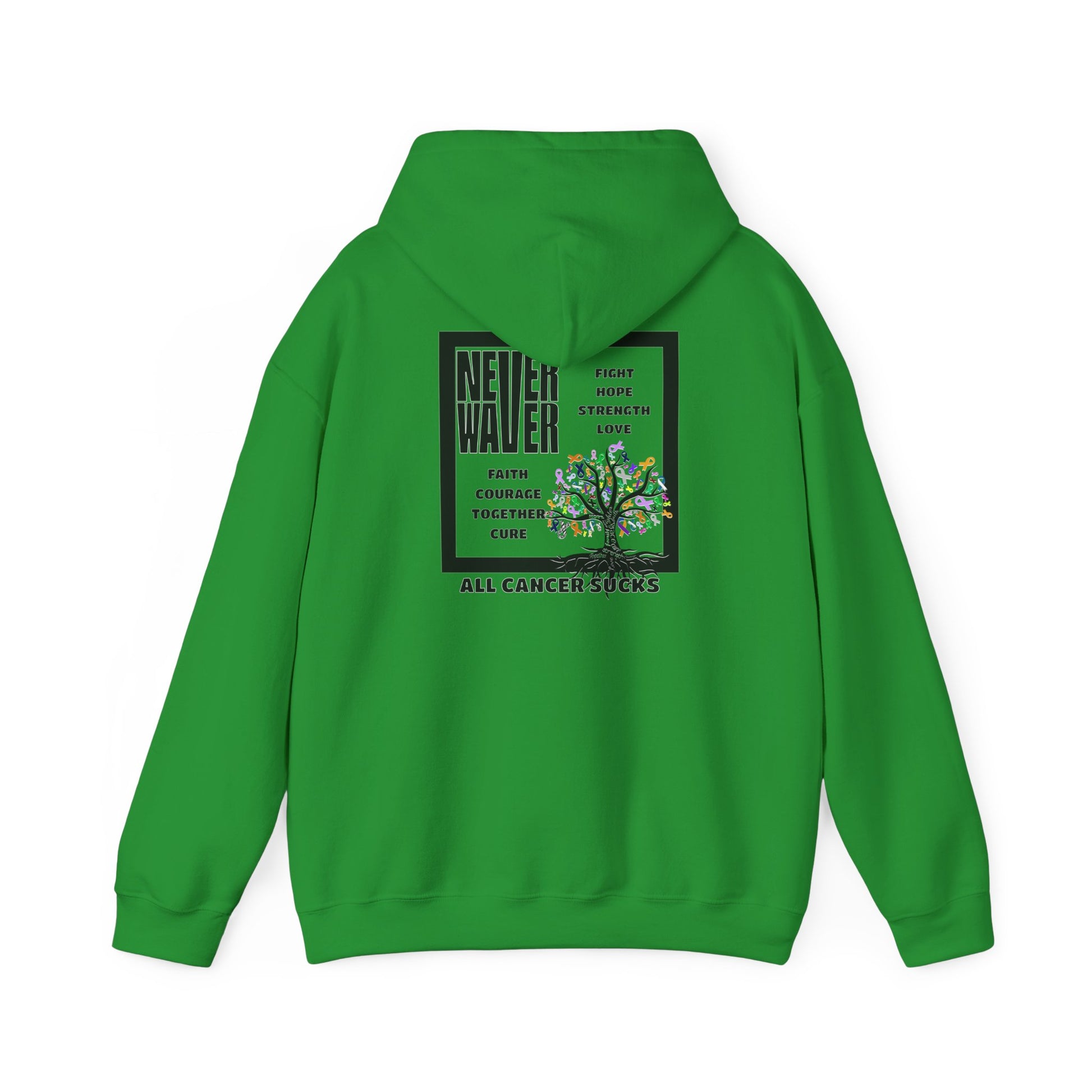 Cancer Awareness Hoodie - Never Waver - Fight, Hope, Strength, Love Tree of Ribbons - Never Waver