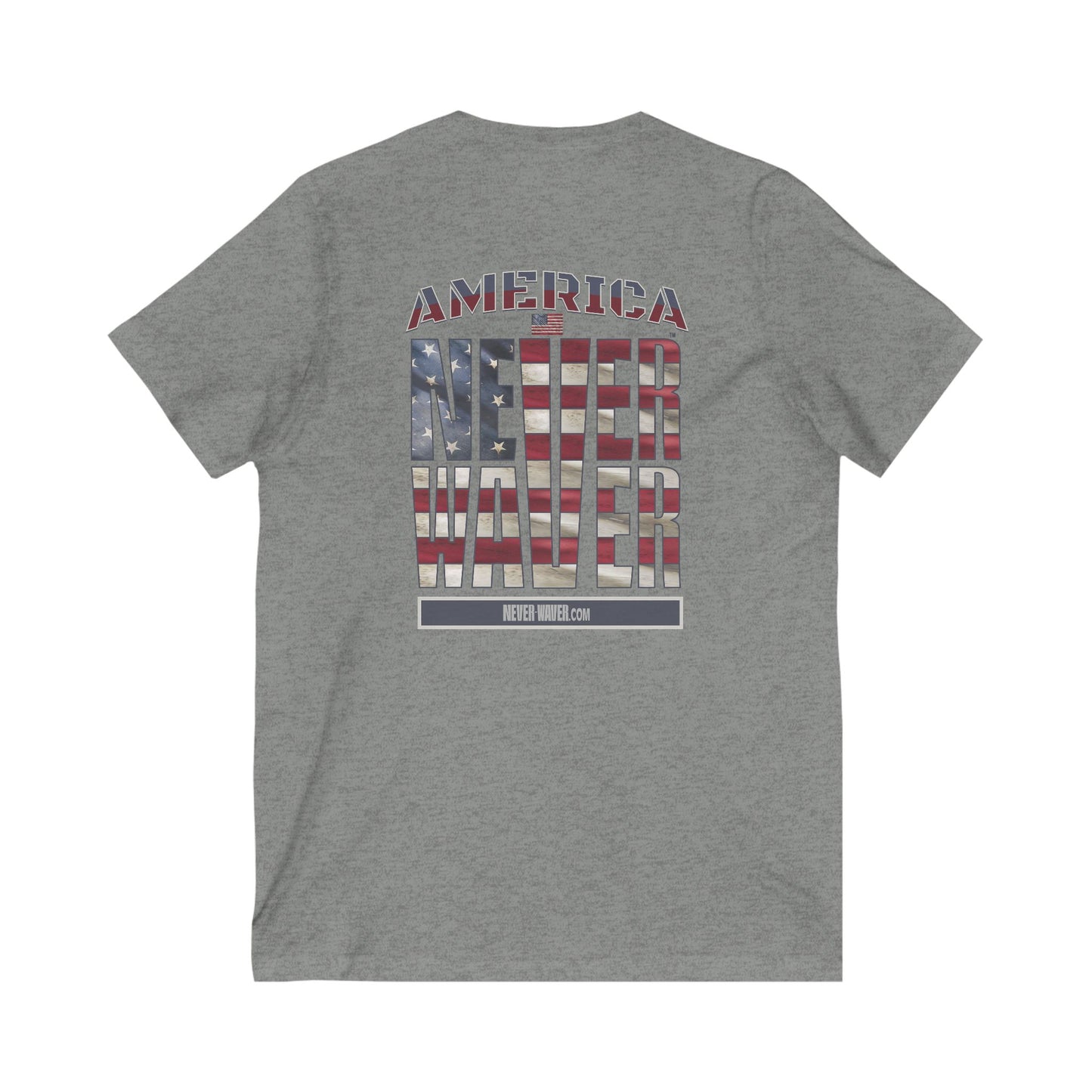 Unisex V-Neck Tee - 'America Never Wavers' Patriotic Shirt - Never Waver