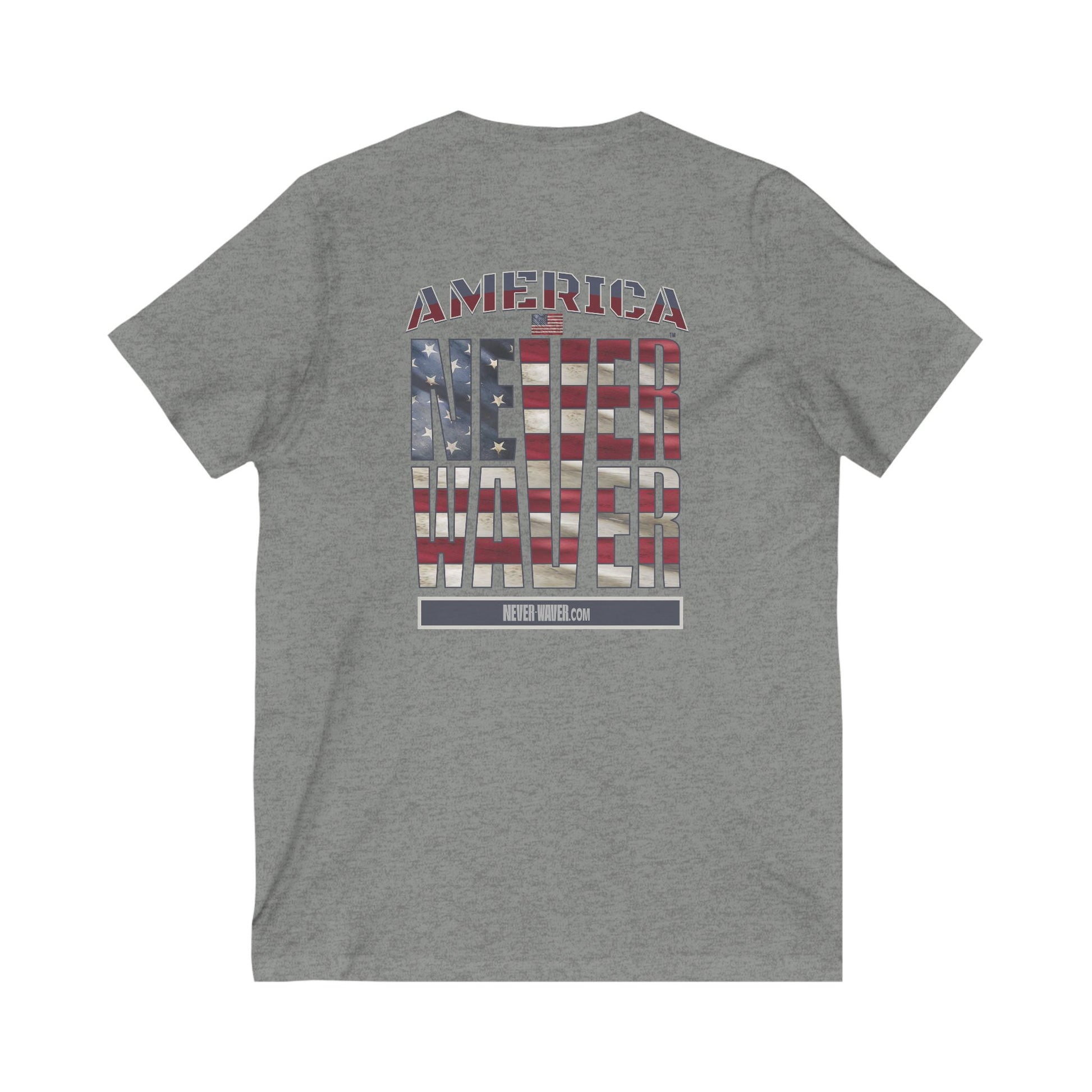 Unisex V-Neck Tee - 'America Never Wavers' Patriotic Shirt - Never Waver