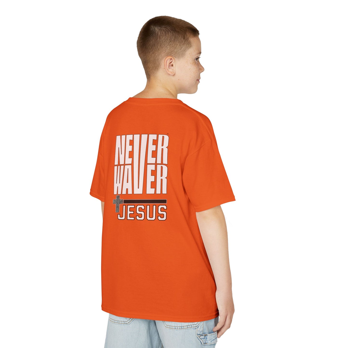 Kids Golf Tee -Never Waver” Jesus a bold, eye-catching design that reflects a steadfast faith and confidence in Christ. - Never Waver