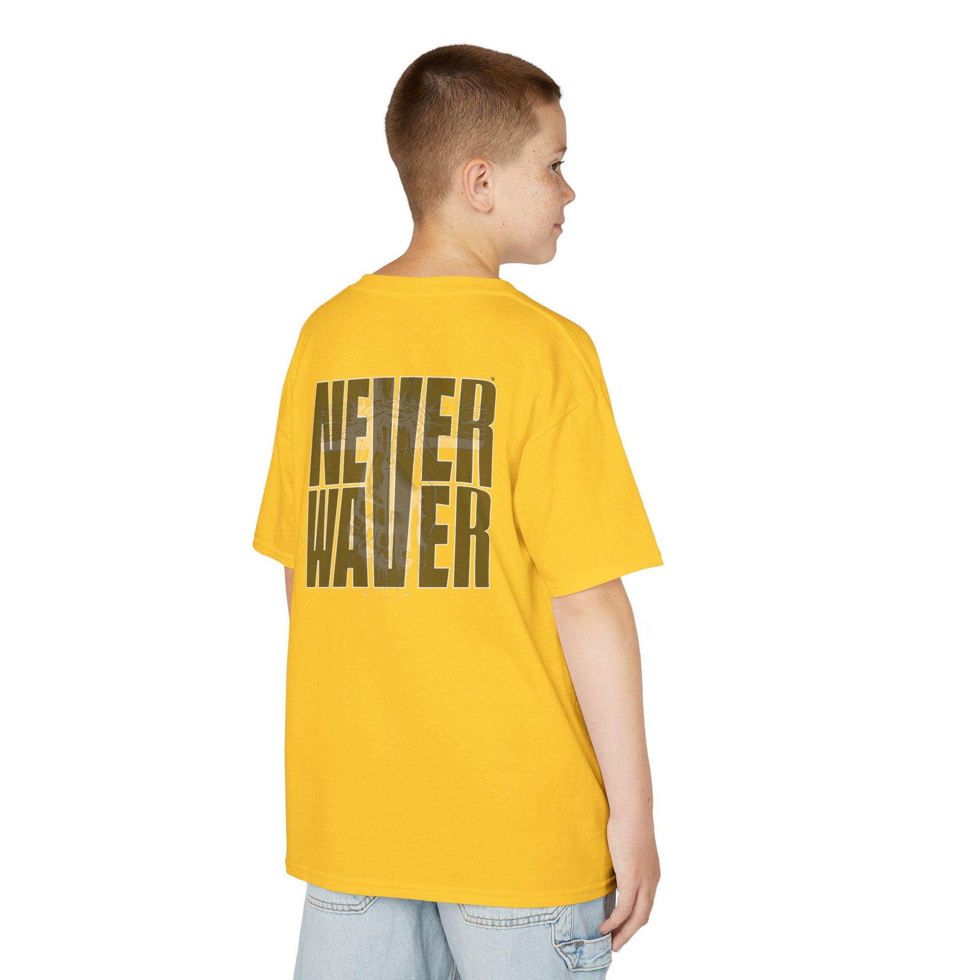 Kids Tee Never Waver” Jesus t-shirt might feature a bold, eye-catching design that reflects a steadfast faith and confidence in Christ.  - Never Waver