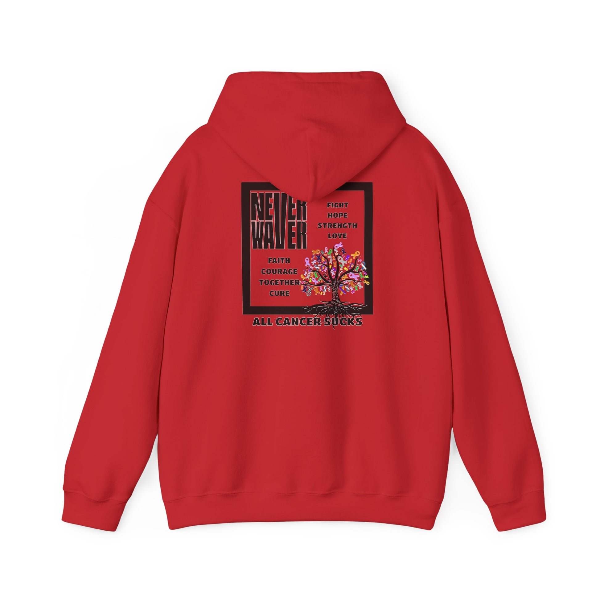 Cancer Awareness Hoodie - Never Waver - Fight, Hope, Strength, Love Tree of Ribbons - Never Waver