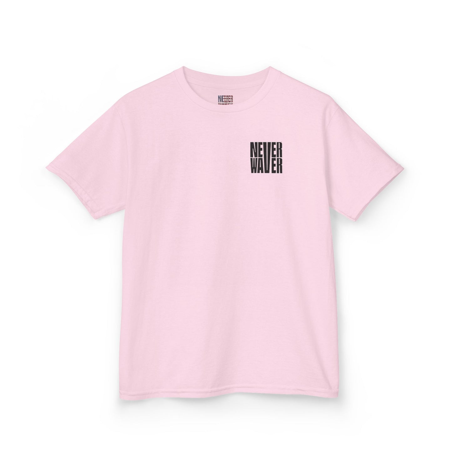 Kids Tee Never Waver” Jesus t-shirt might feature a bold, eye-catching design that reflects a steadfast faith and confidence in Christ.  - Never Waver