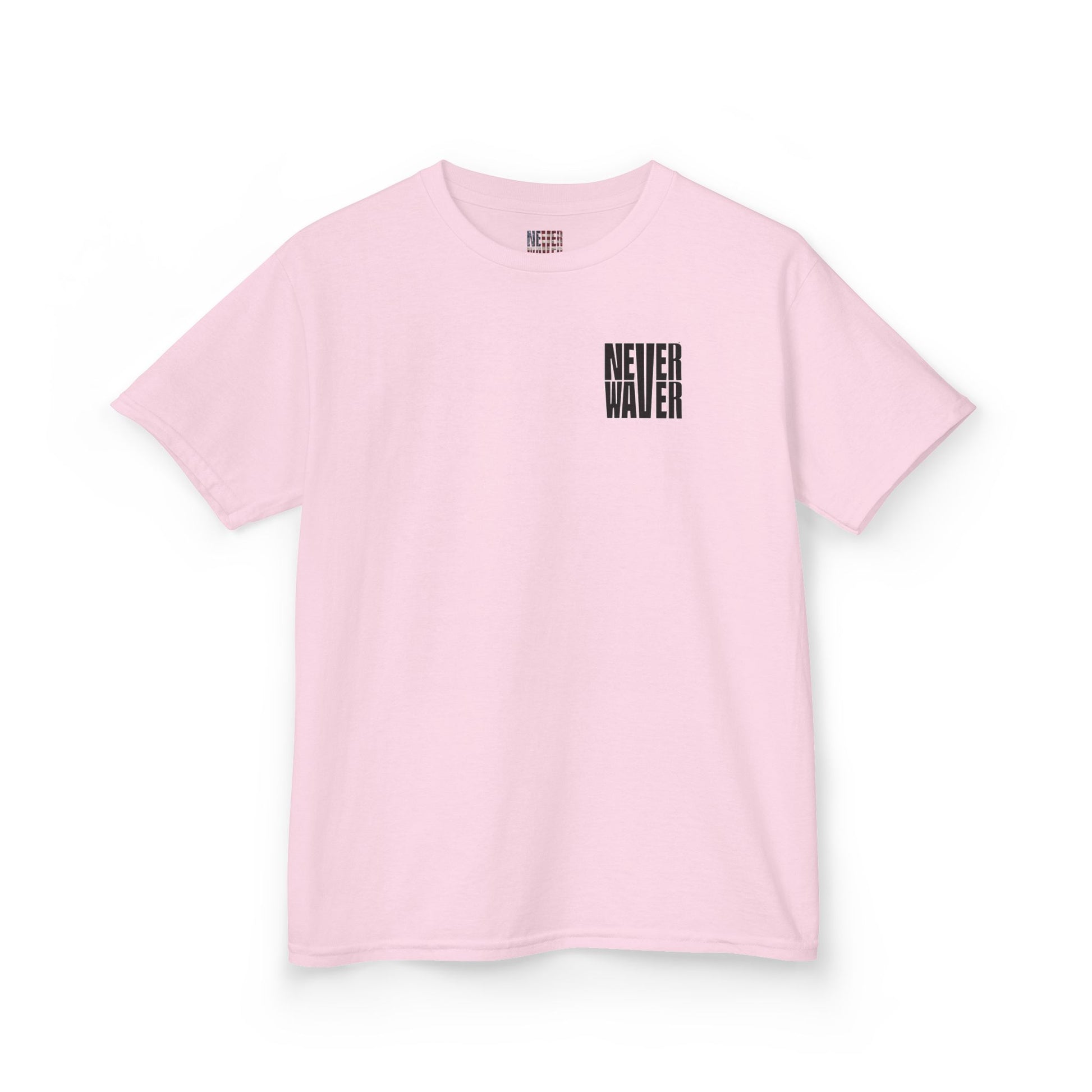 Kids Tee Never Waver” Jesus t-shirt might feature a bold, eye-catching design that reflects a steadfast faith and confidence in Christ.  - Never Waver