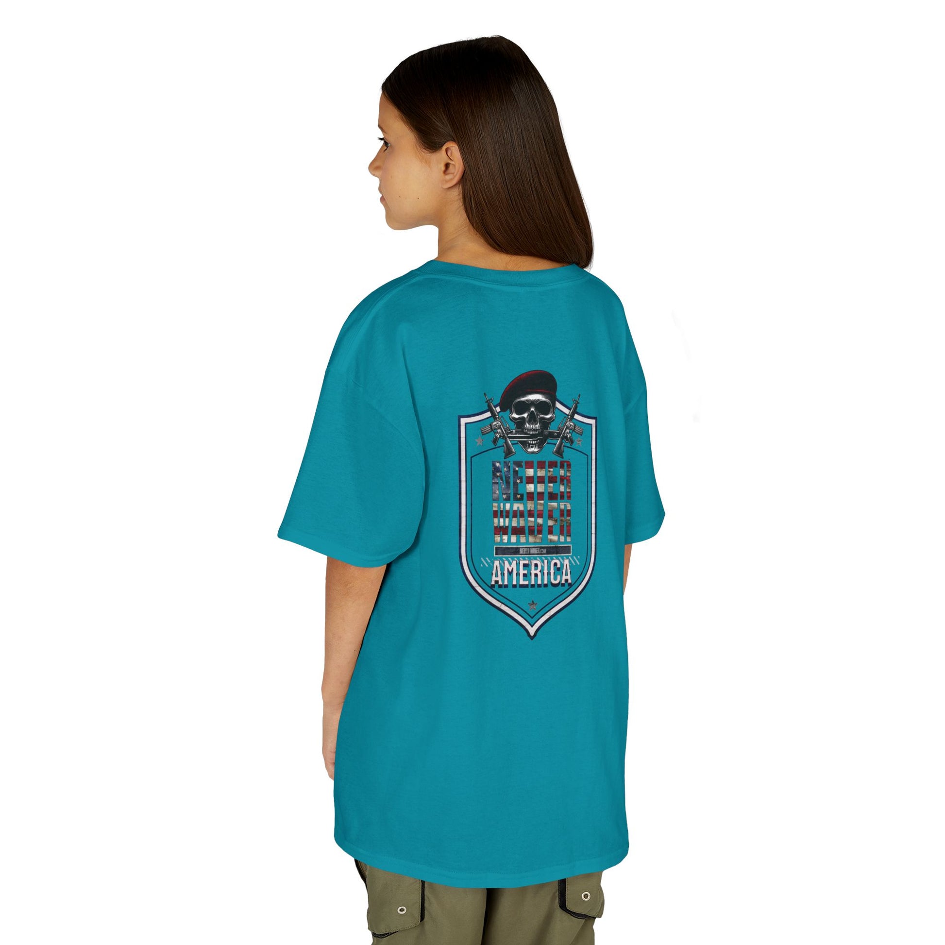 Patriotic Kids Heavy Cotton Tee - 'America Never Waver' USA Graphic Tee - Never Waver