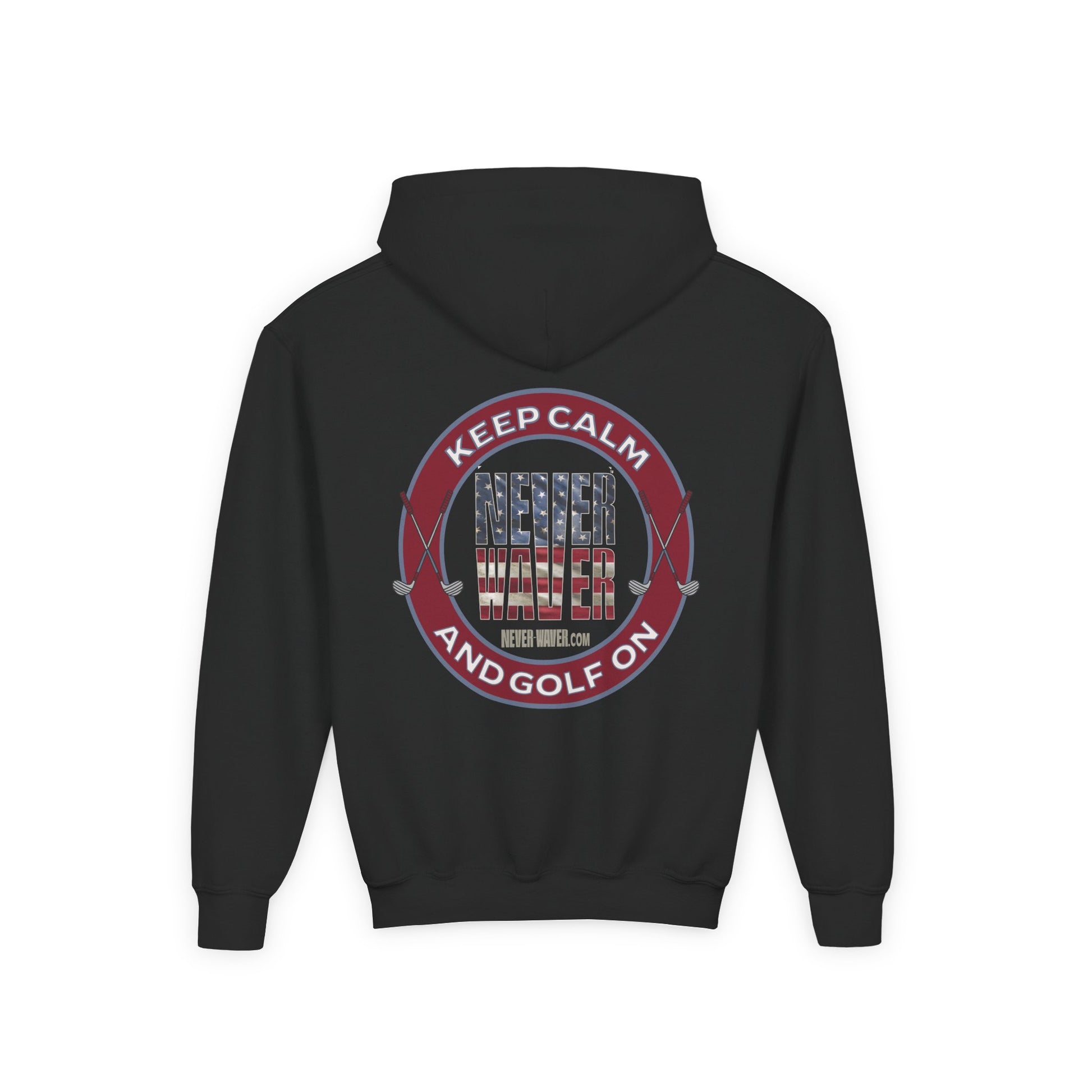 Youth Golf Hoodie - "Keep Calm Never Waver and Golf On" Sweatshirt for Young Golfers - Never Waver