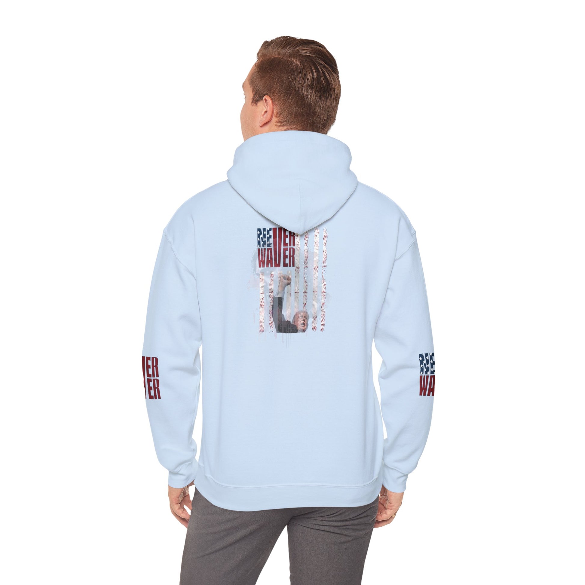 Unisex Heavy Blend™ Hooded Sweatshirt - Stylish Comfort with 'Never Waver Trump Fist Pump W Jesus  Protection' Design - Never Waver