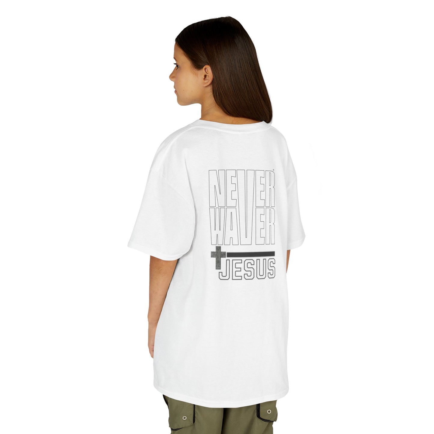 Kids Golf Tee -Never Waver” Jesus a bold, eye-catching design that reflects a steadfast faith and confidence in Christ. - Never Waver