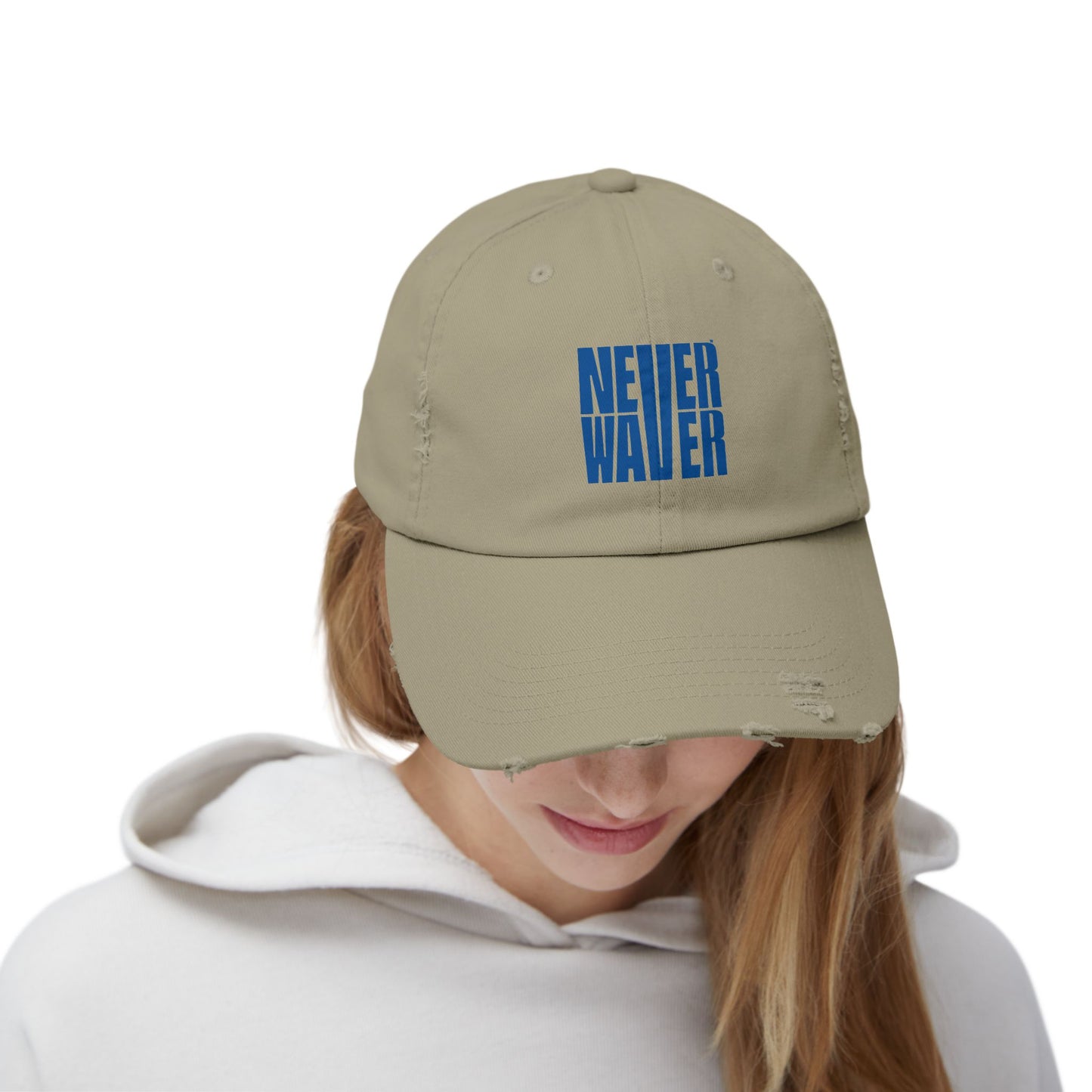 Unisex Distressed Cap - ‘NEVER WAVER’ Motivational Hat for Everyday Inspiration