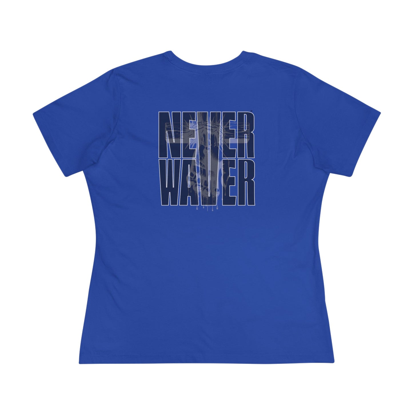 Never Waver” Jesus t-shirt might feature a bold, eye-catching design that reflects a steadfast faith and confidence in Christ.  Women's Cotton Tee - Never Waver
