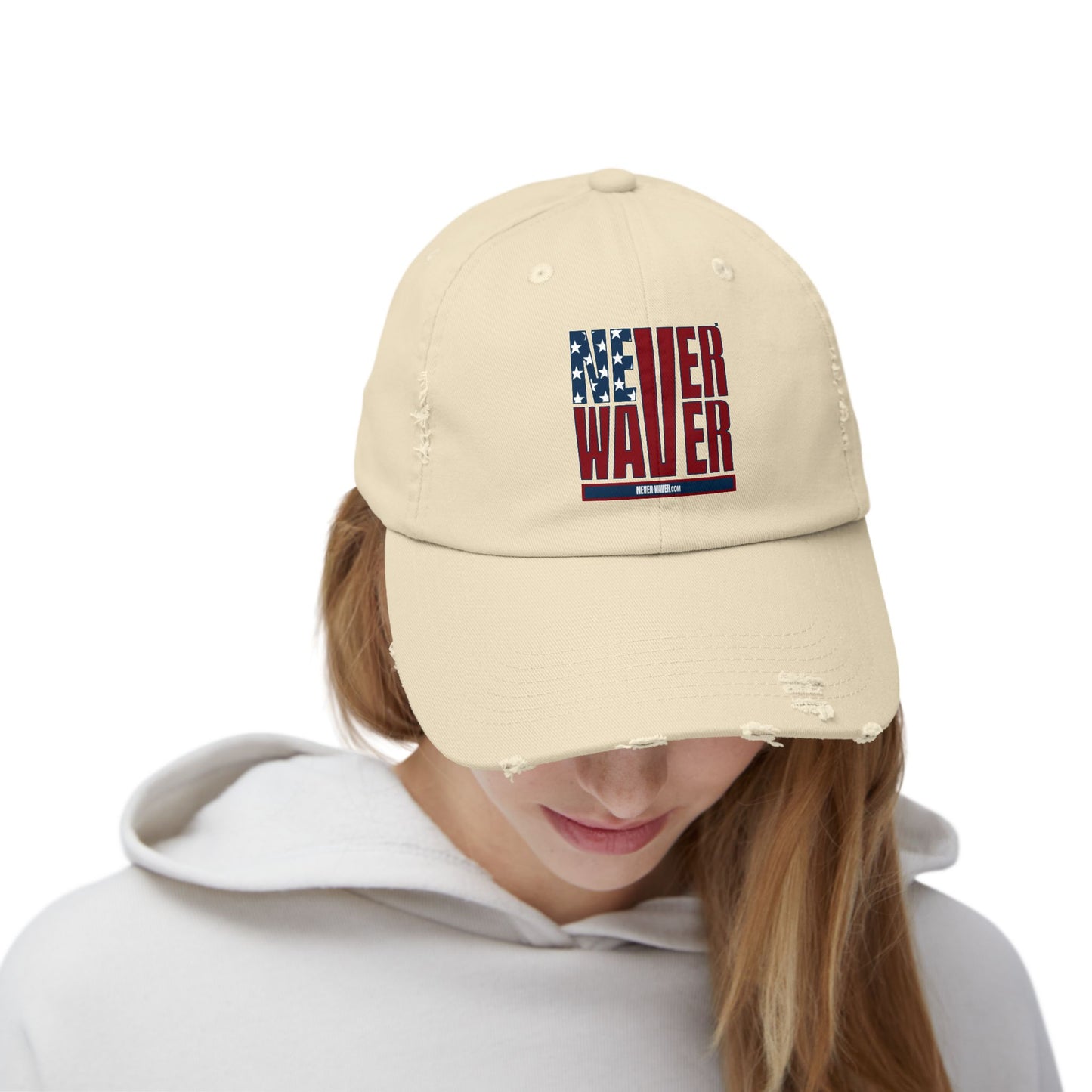 Unisex Distressed Cap - 'Never Waver' Casual Hat for Everyday Style Patriotic