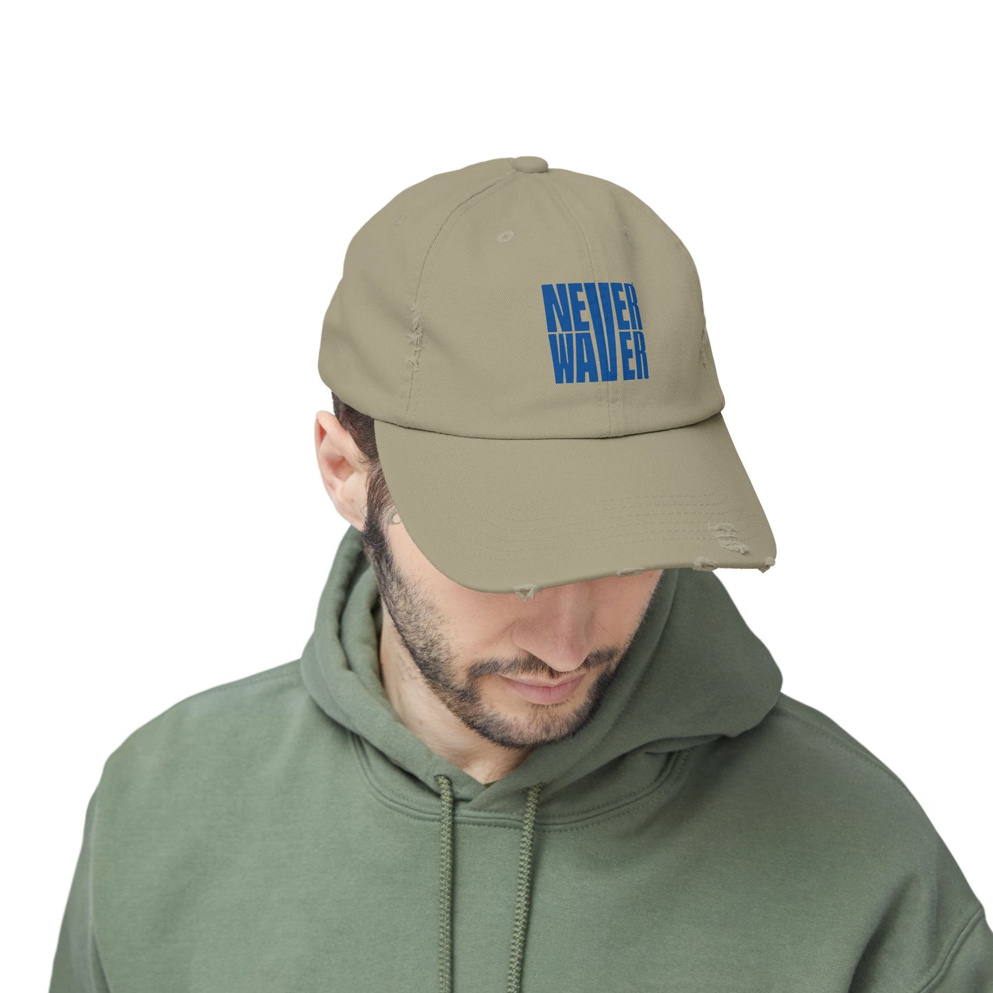 Unisex Distressed Cap - ‘NEVER WAVER’ Motivational Hat for Everyday Inspiration