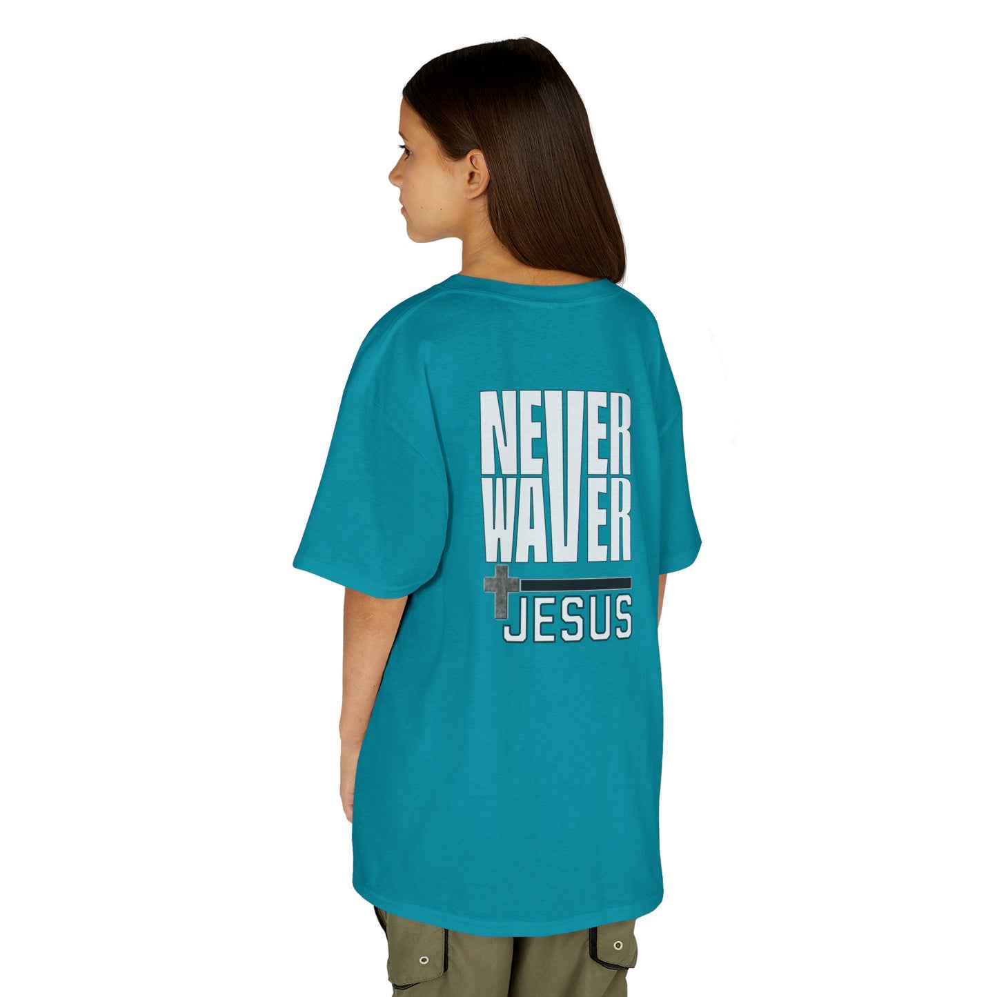 Kids Golf Tee -Never Waver” Jesus a bold, eye-catching design that reflects a steadfast faith and confidence in Christ. - Never Waver