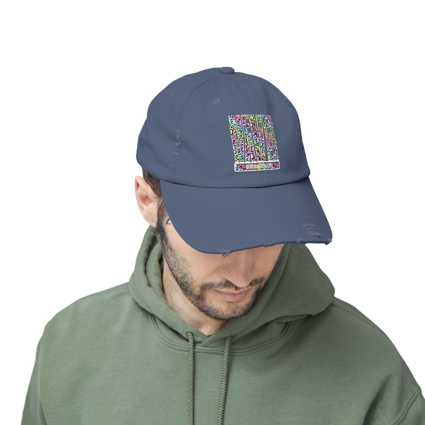Unisex Distressed Cap - 'NEVER WAVER' Inspirational Hat for Everyday Wear Multi Color Leopard