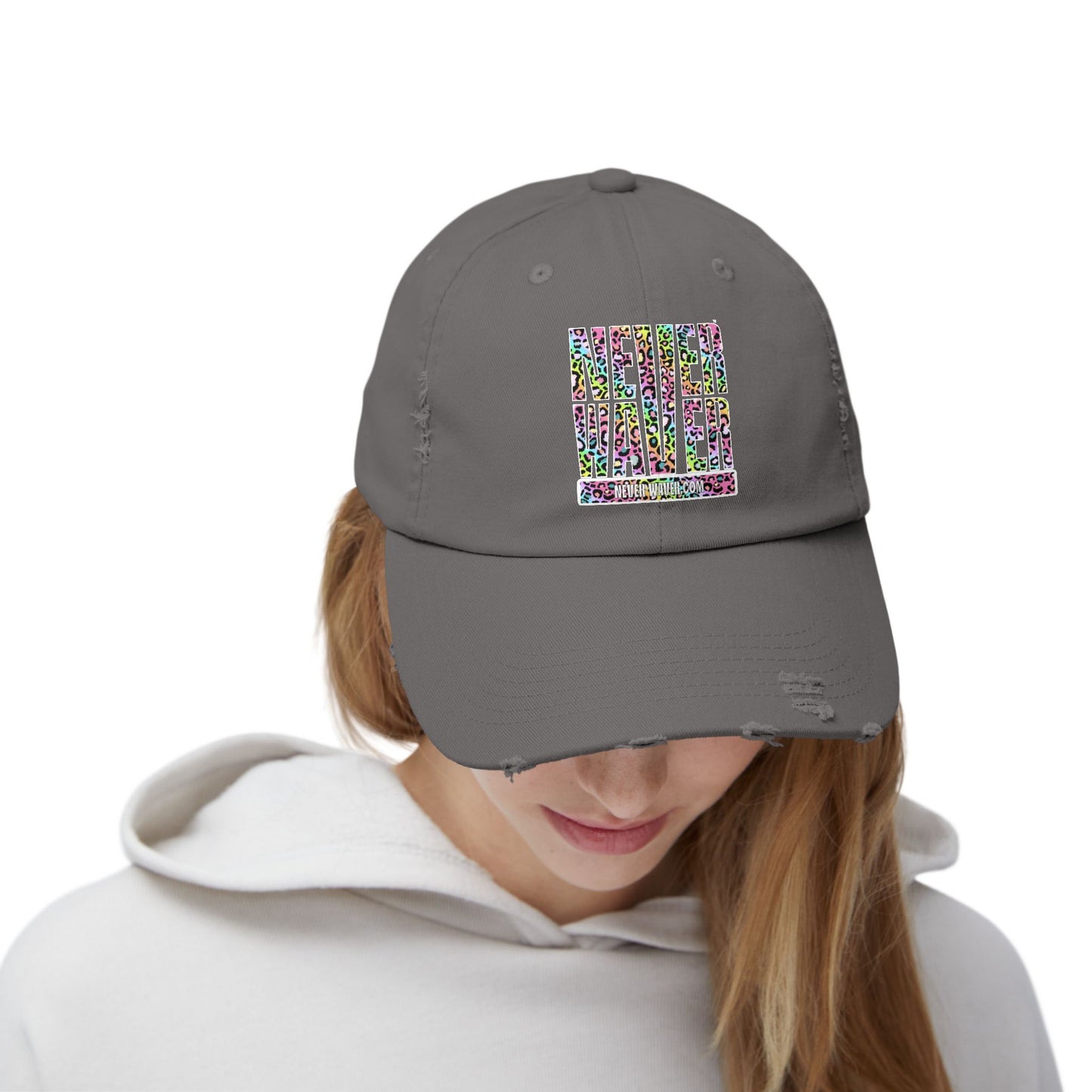 Unisex Distressed Cap - 'NEVER WAVER' Inspirational Hat for Everyday Wear Multi Color Leopard