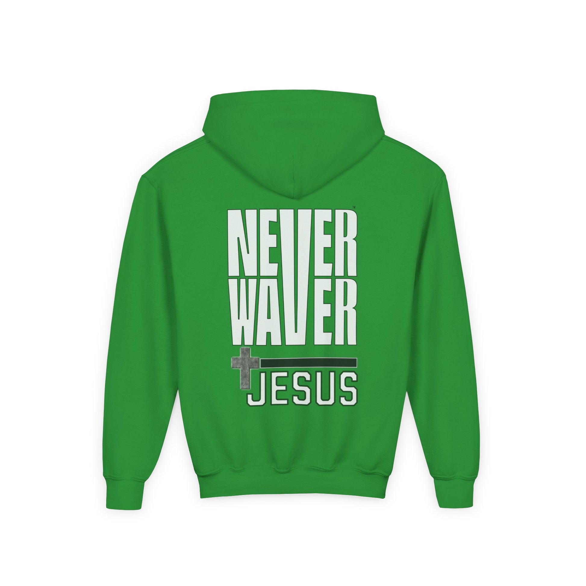 Youth Jesus Hoodie - "Never Waver” Jesus bold, eye-catching design that reflects a steadfast faith and confidence in Christ. " Sweatshirt for Young Jesus Lovers - Never Waver