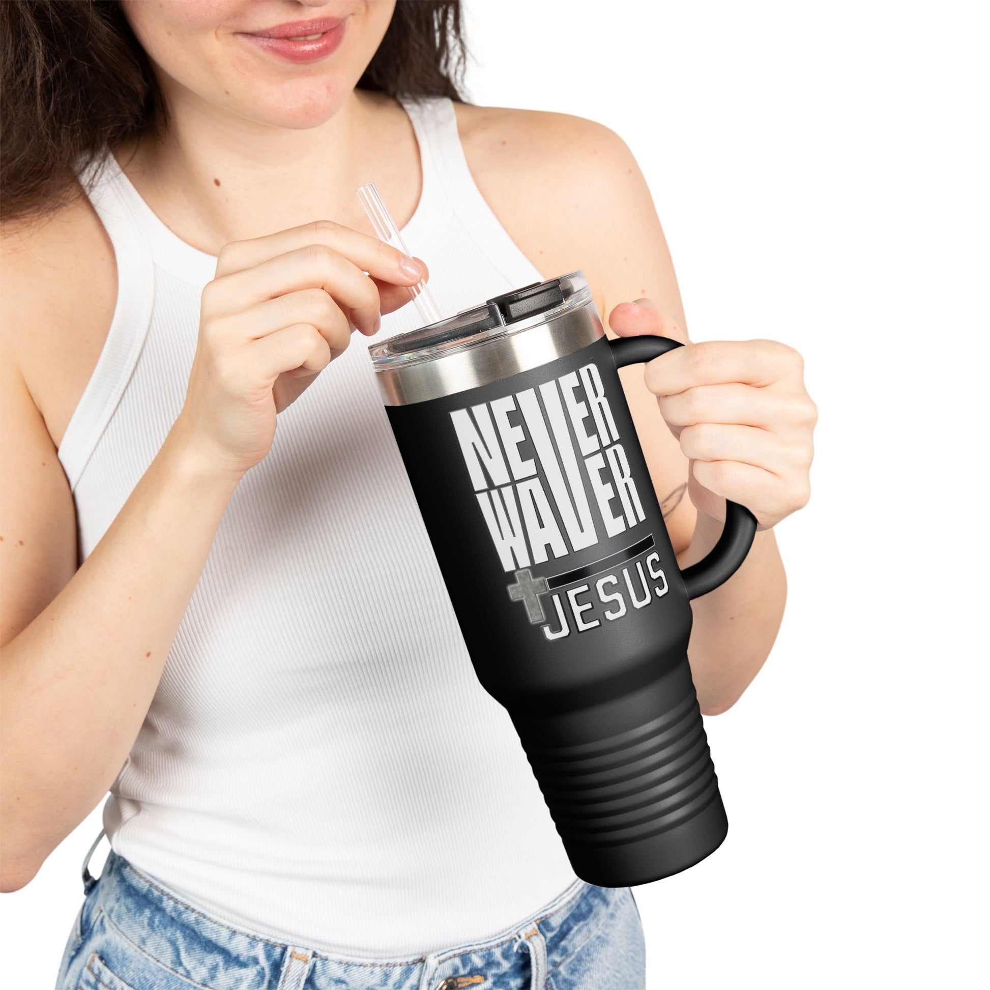 Insulated Travel Mug - "Never Waver” Jesus a bold, eye-catching design that reflects a steadfast faith and confidence in Christ. " - 40oz Sporty Drinkware - Never Waver
