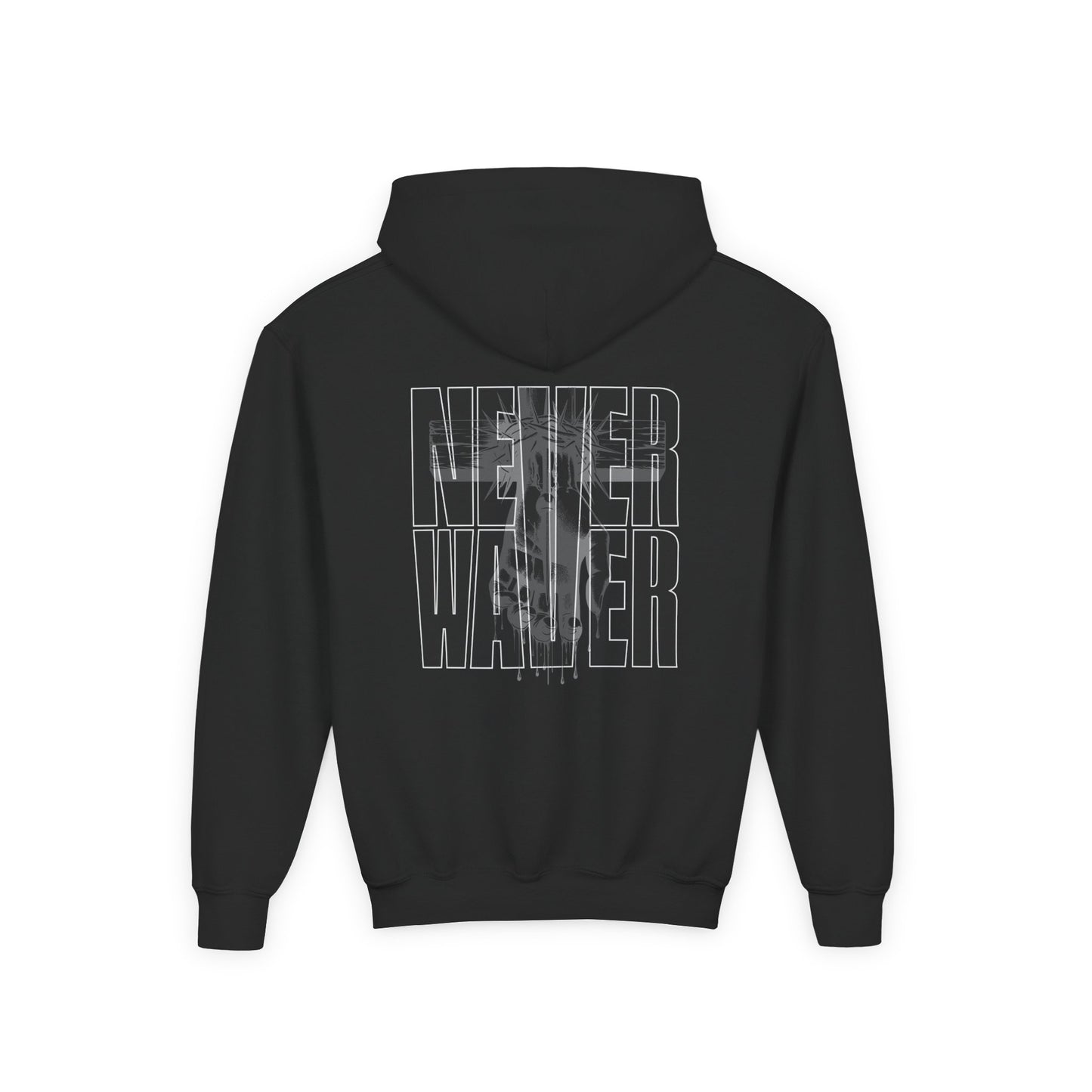Hoodie - "Never Waver” Jesus a bold, eye-catching design that reflects a steadfast faith and confidence in Christ. " Sweatshirt for Young - Never Waver