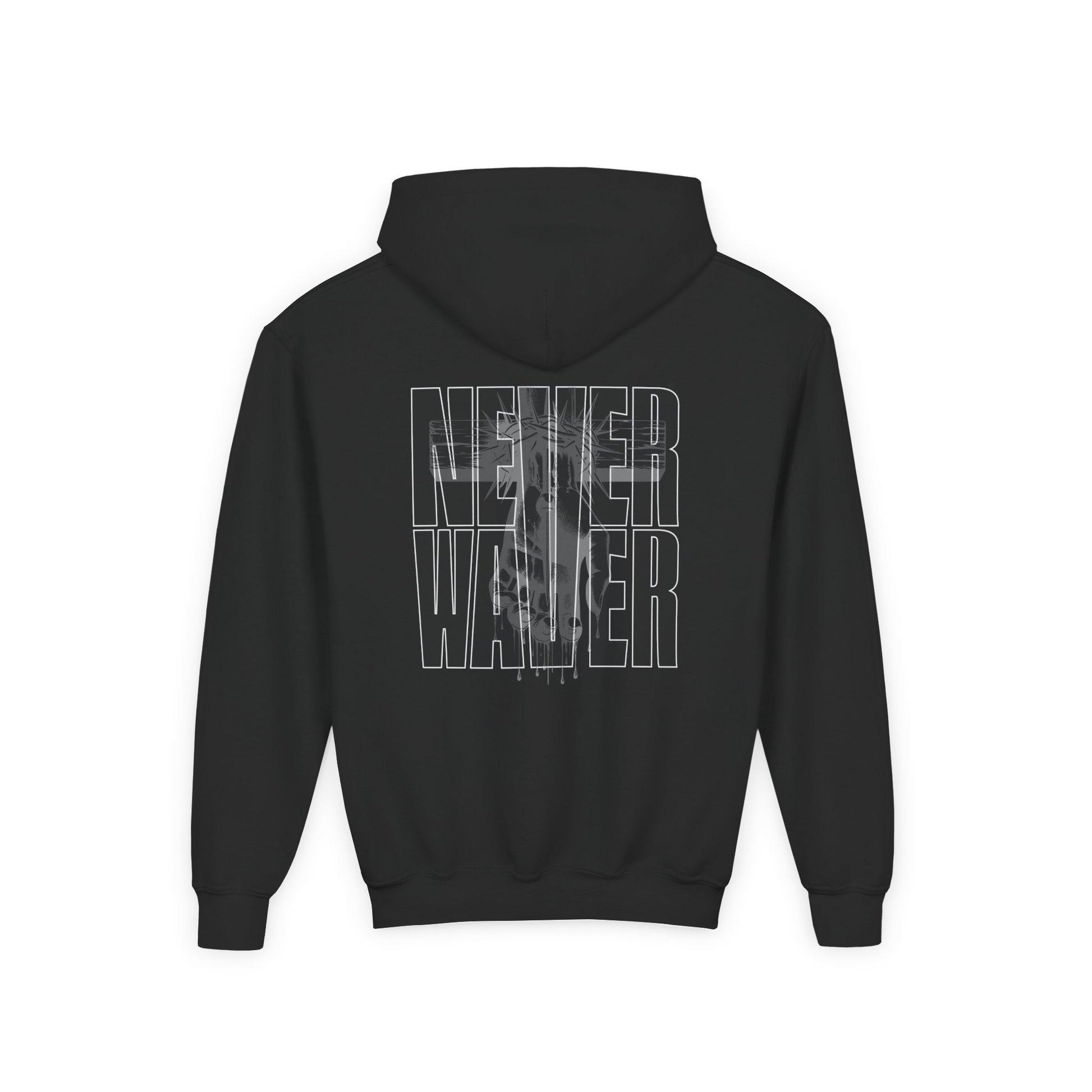 Hoodie - "Never Waver” Jesus a bold, eye-catching design that reflects a steadfast faith and confidence in Christ. " Sweatshirt for Young - Never Waver