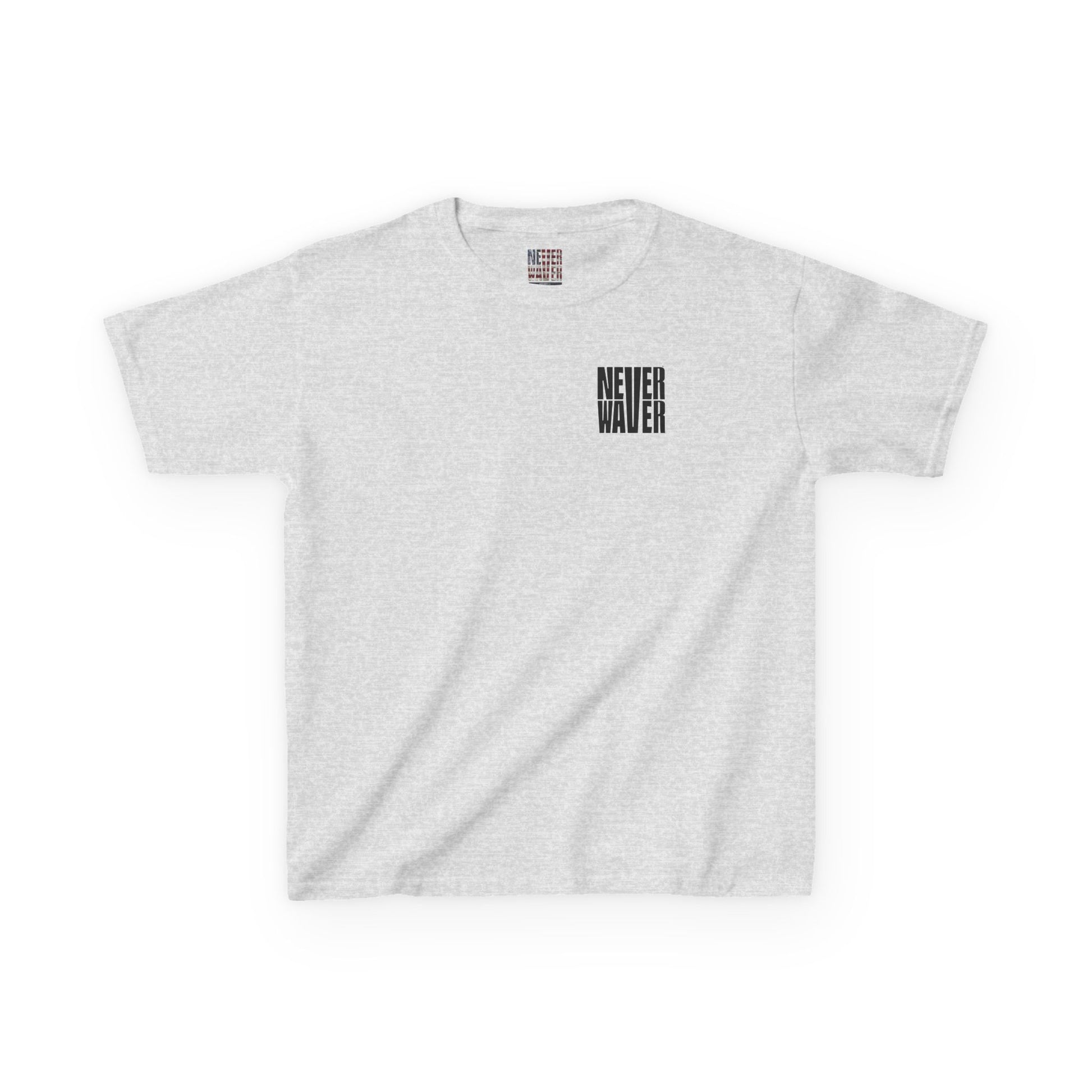 Kids Tee Never Waver” Jesus t-shirt might feature a bold, eye-catching design that reflects a steadfast faith and confidence in Christ.  - Never Waver