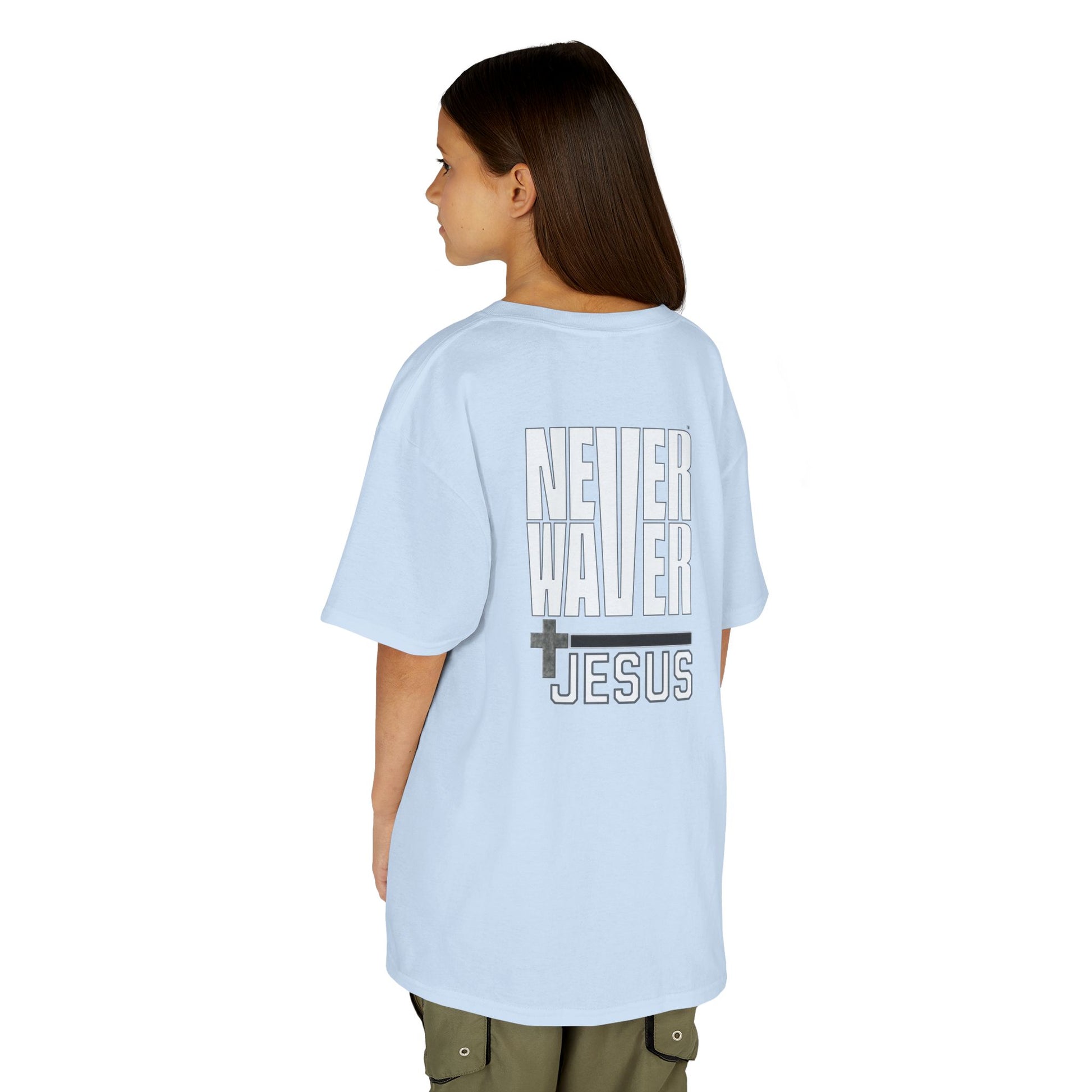 Kids Golf Tee -Never Waver” Jesus a bold, eye-catching design that reflects a steadfast faith and confidence in Christ. - Never Waver
