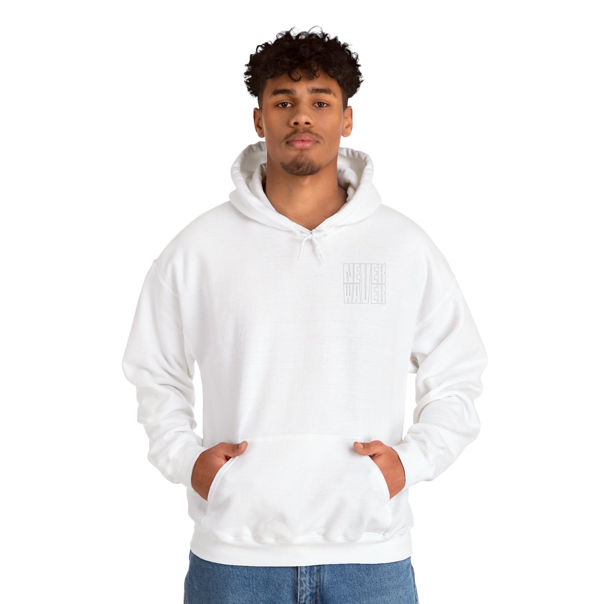 Never Waver” Jesus a bold, eye-catching design that reflects a steadfast faith and confidence in Christ. Hoodie - Unisex Heavy Blend™ Sweatshirt - Never Waver