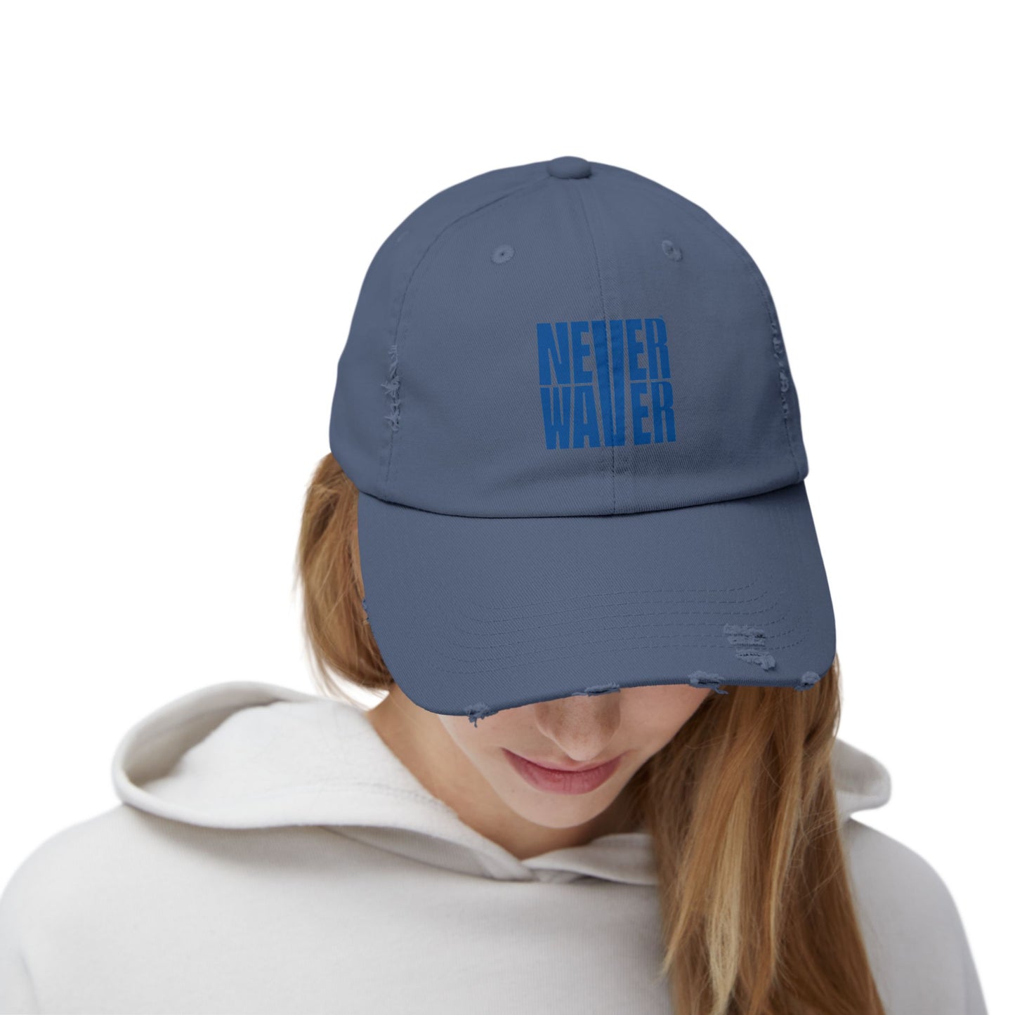 Unisex Distressed Cap - ‘NEVER WAVER’ Motivational Hat for Everyday Inspiration