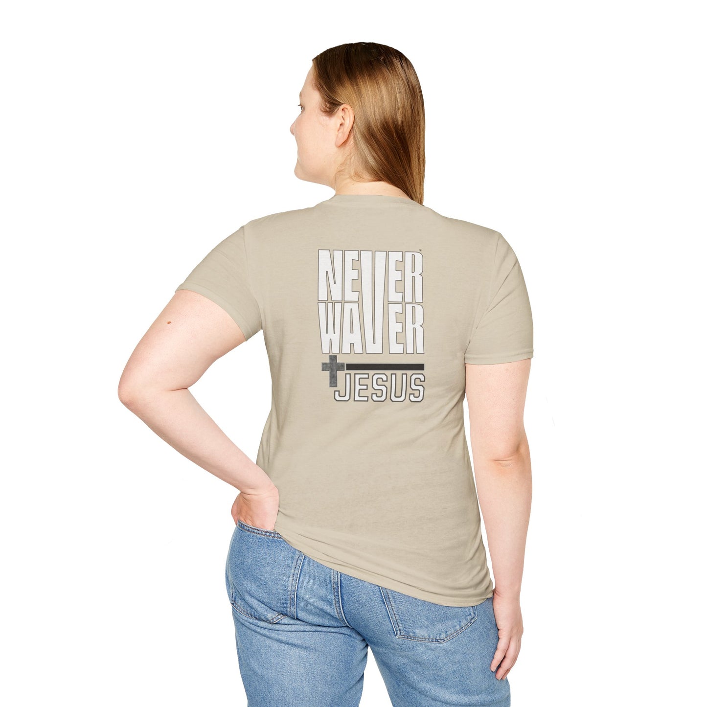 Never Waver” Jesus a bold, eye-catching design that reflects a steadfast faith and confidence in Christ.  Unisex Soft style T-Shirt