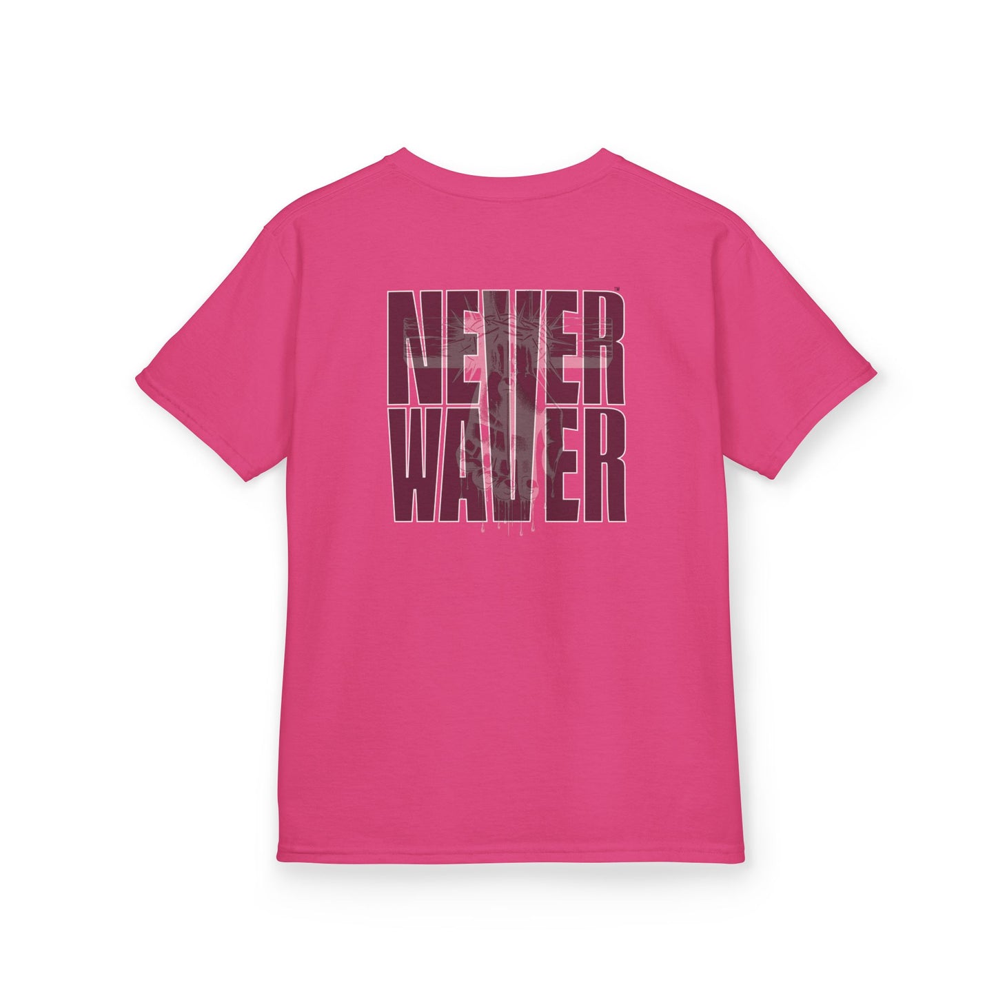 Kids Tee Never Waver” Jesus t-shirt might feature a bold, eye-catching design that reflects a steadfast faith and confidence in Christ.  - Never Waver