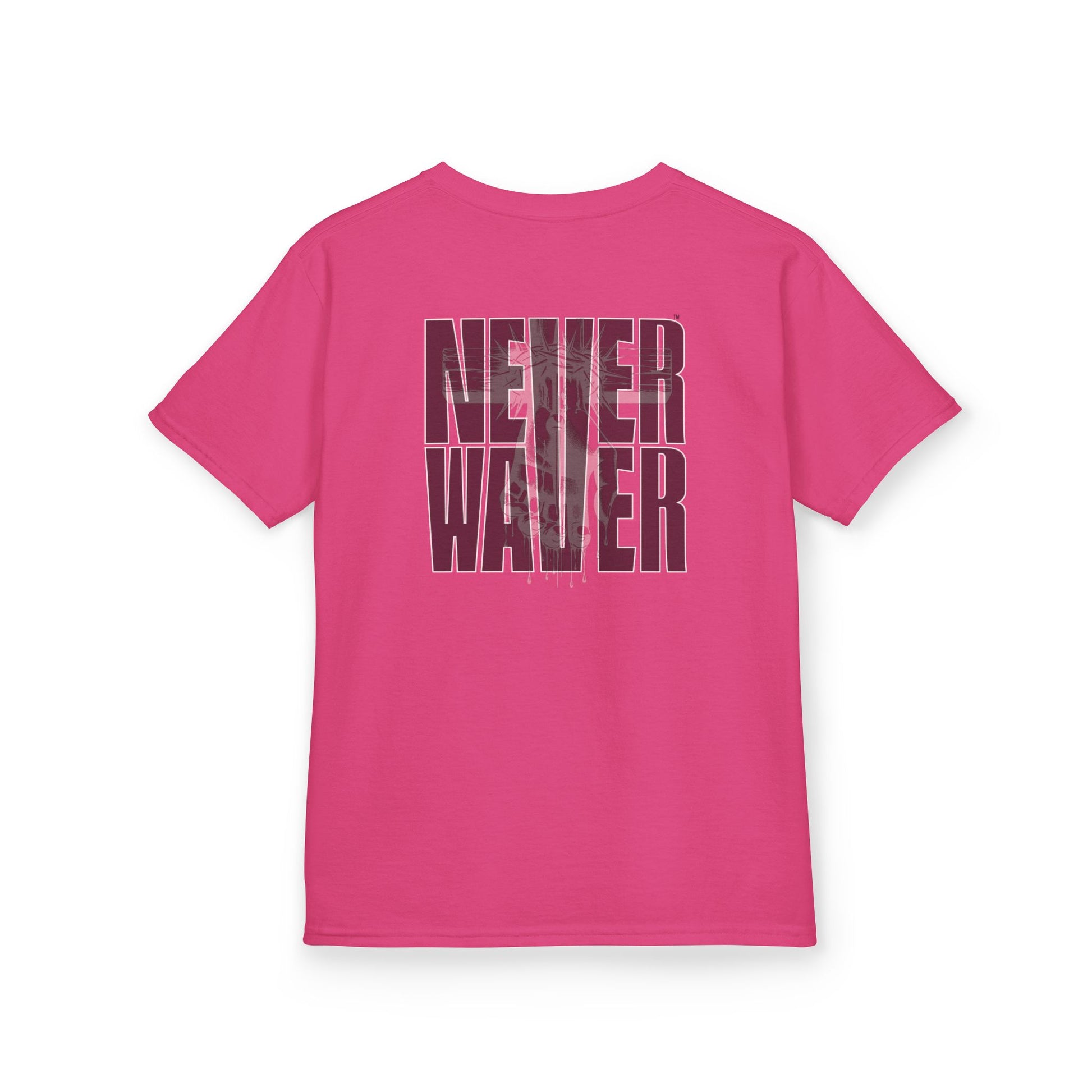 Kids Tee Never Waver” Jesus t-shirt might feature a bold, eye-catching design that reflects a steadfast faith and confidence in Christ.  - Never Waver