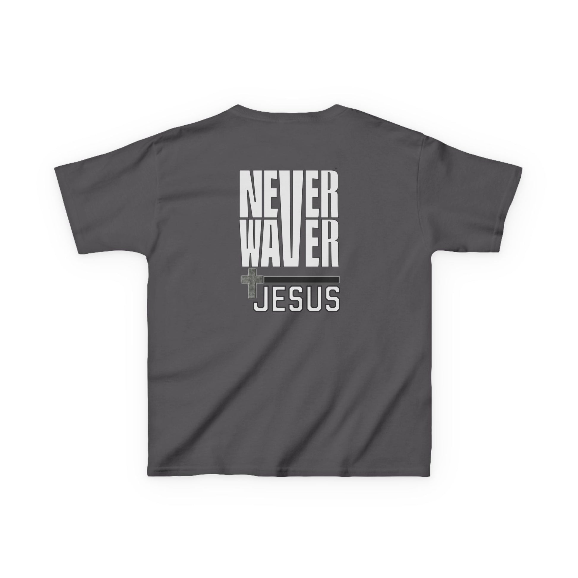 Kids Golf Tee -Never Waver” Jesus a bold, eye-catching design that reflects a steadfast faith and confidence in Christ. - Never Waver