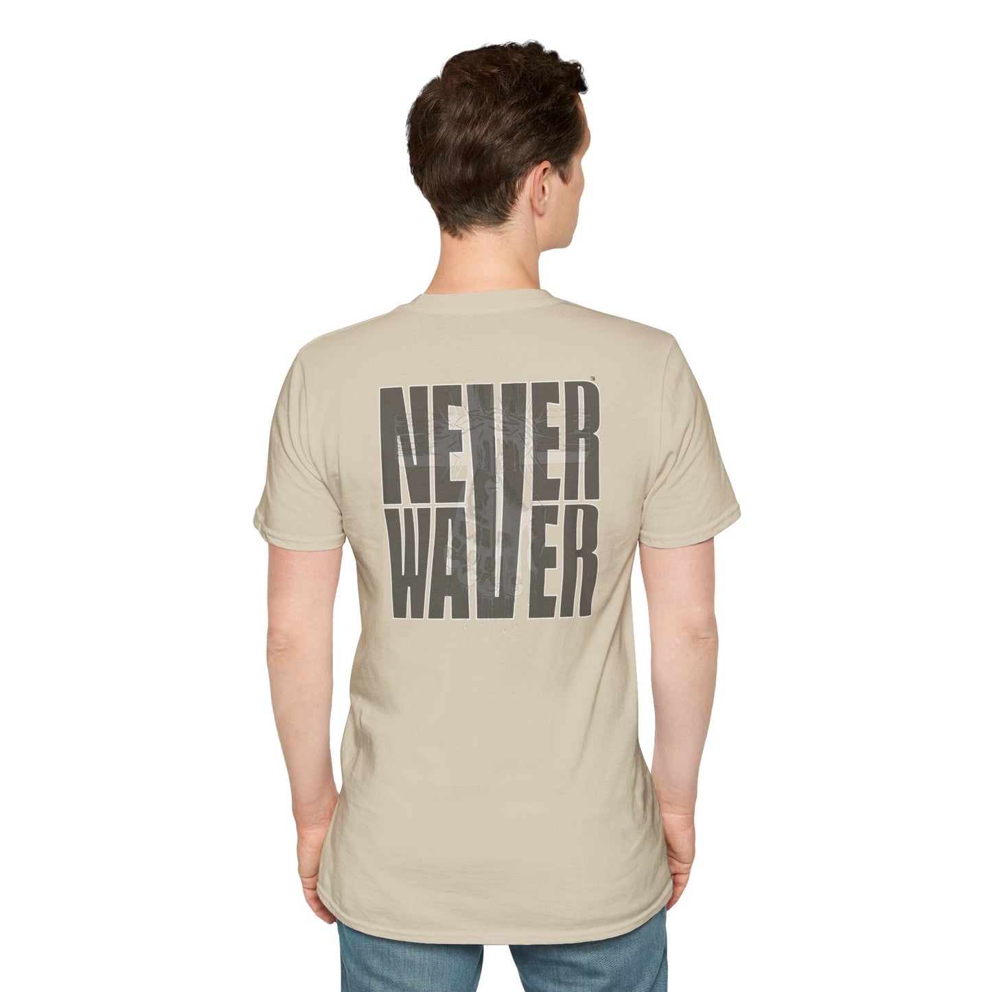 Never Waver” Jesus a bold, eye-catching design that reflects a steadfast faith and confidence in Christ. Unisex Soft style T-Shirt - Never Waver