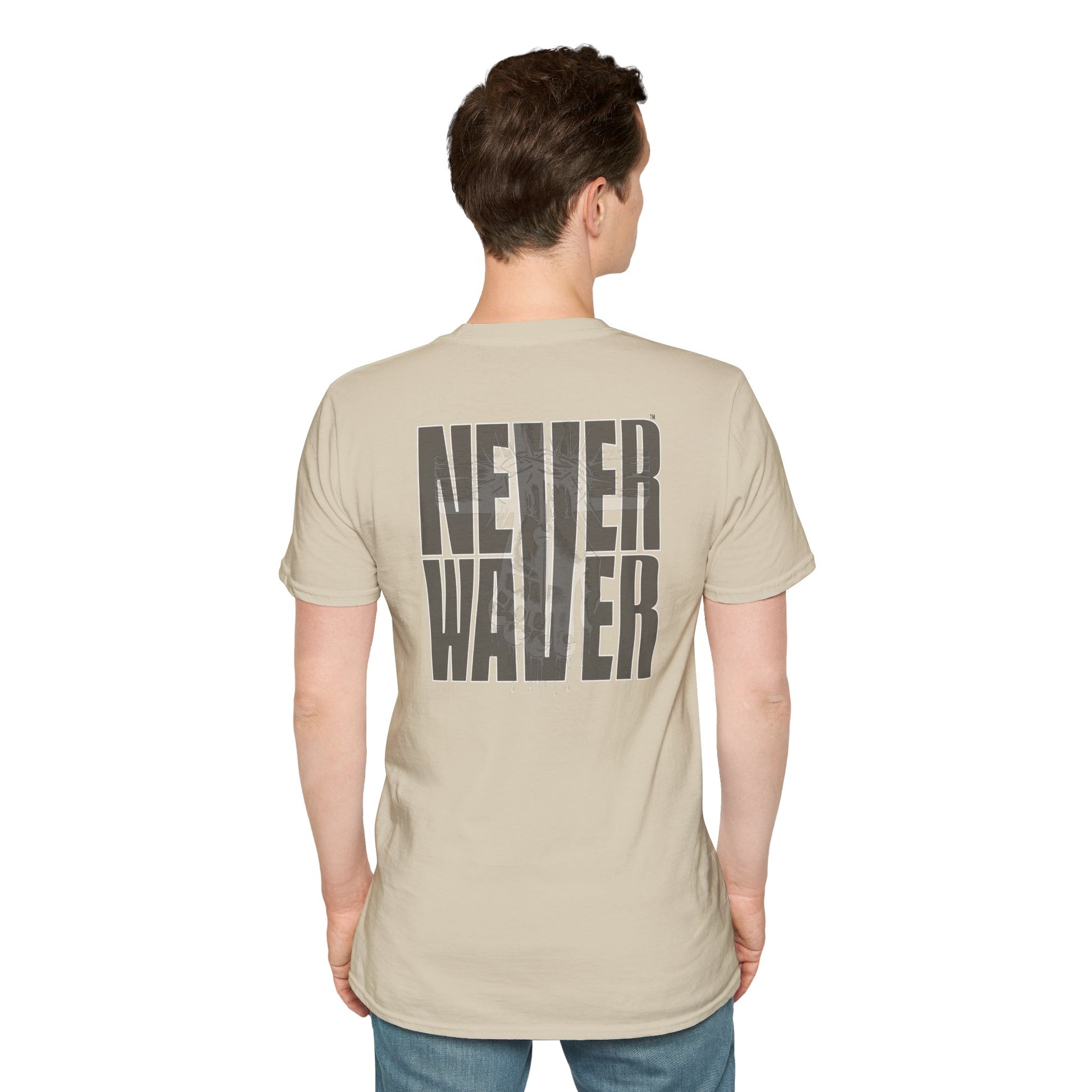 Never Waver” Jesus a bold, eye-catching design that reflects a steadfast faith and confidence in Christ. Unisex Soft style T-Shirt - Never Waver
