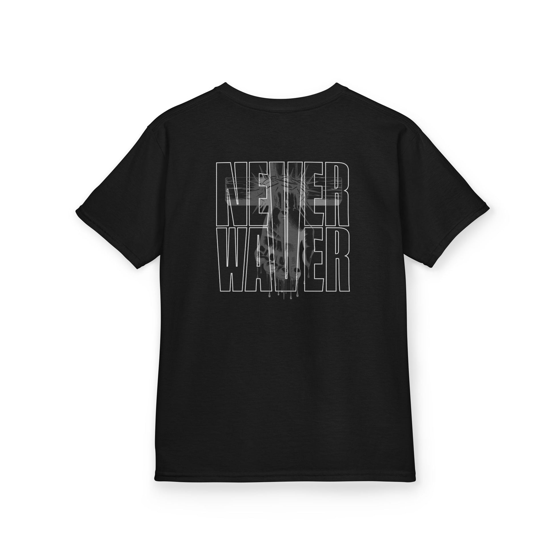 Kids Tee Never Waver” Jesus t-shirt might feature a bold, eye-catching design that reflects a steadfast faith and confidence in Christ.  - Never Waver