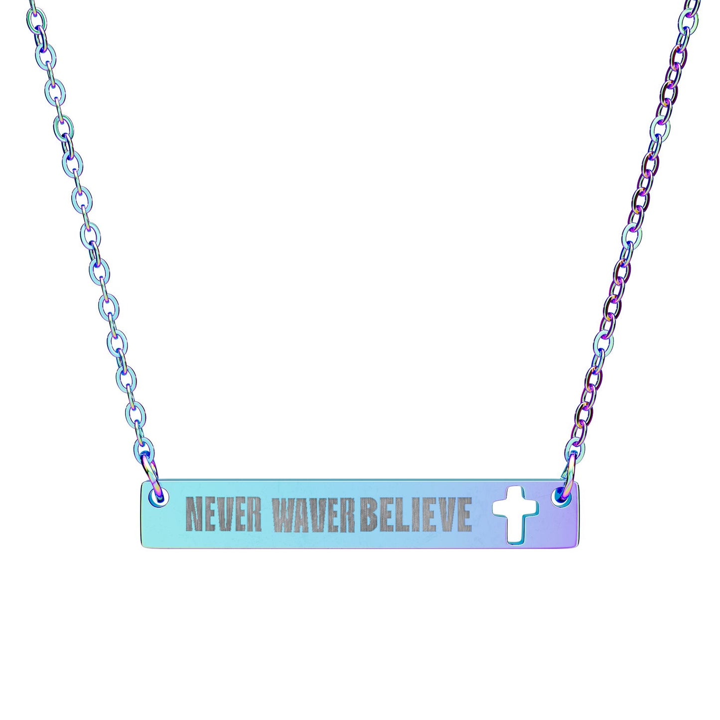 Cutout Cross Bar Necklace — "Never Waver, Believe" Engraved Christian Pendant