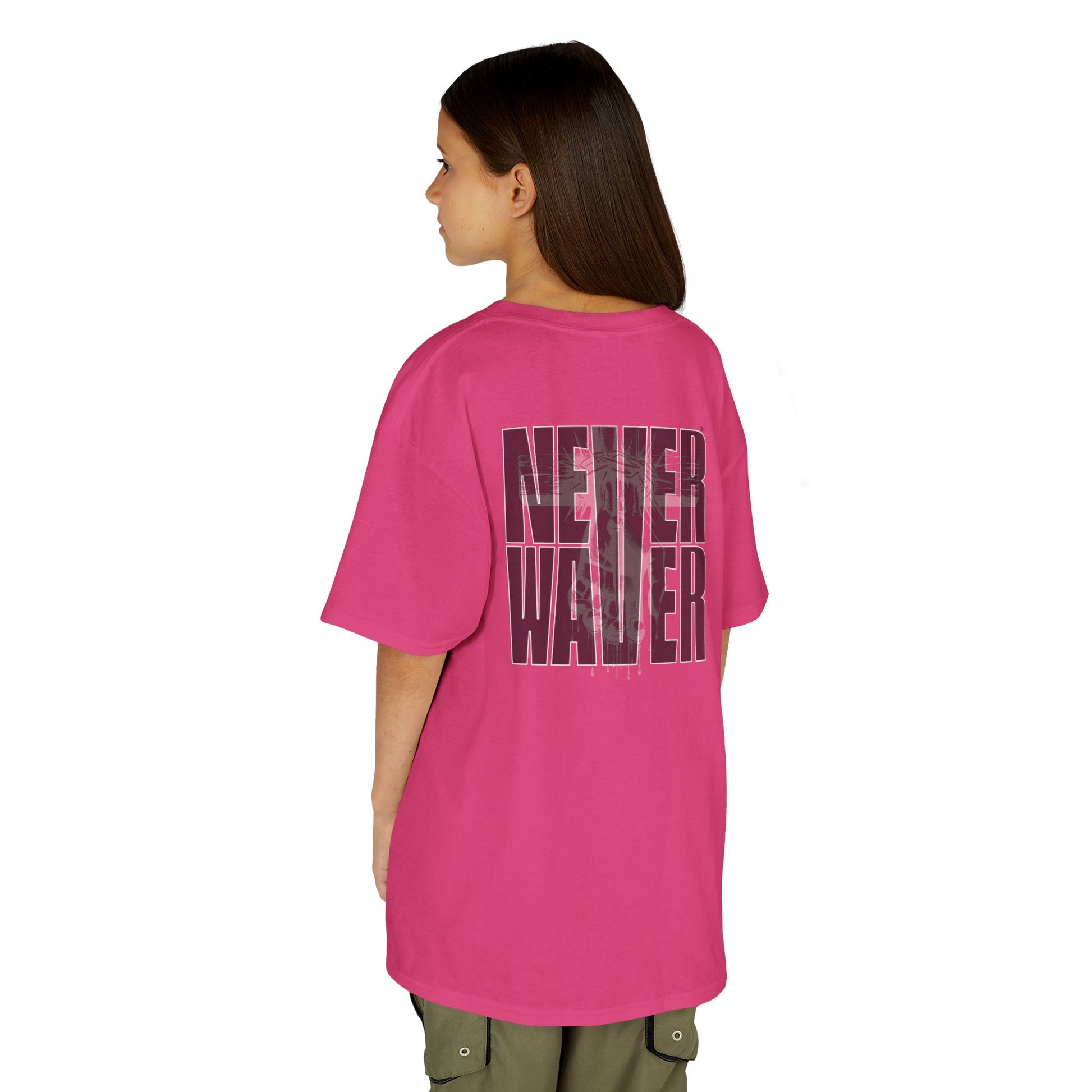 Kids Tee Never Waver” Jesus t-shirt might feature a bold, eye-catching design that reflects a steadfast faith and confidence in Christ.  - Never Waver
