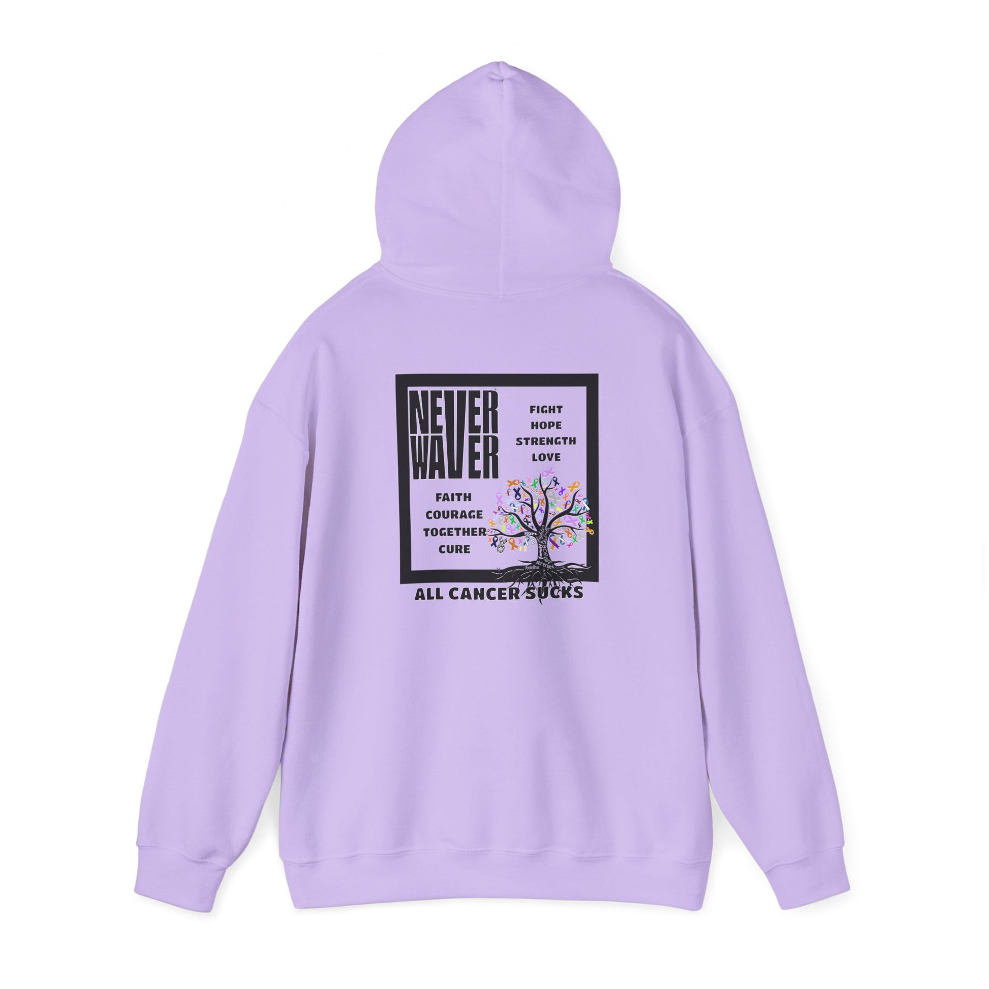Cancer Awareness Hoodie - Never Waver - Fight, Hope, Strength, Love Tree of Ribbons - Never Waver
