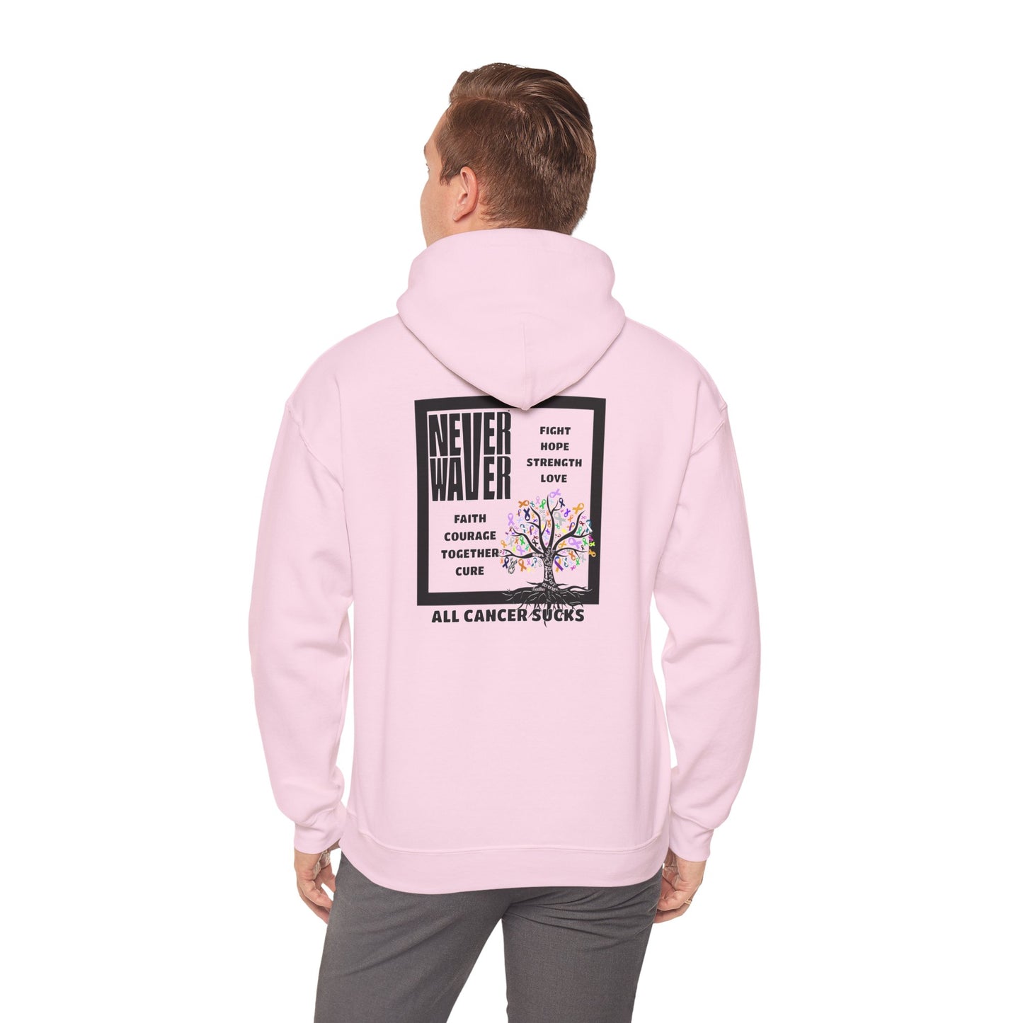 Cancer Awareness Hoodie - Never Waver - Fight, Hope, Strength, Love Tree of Ribbons - Never Waver