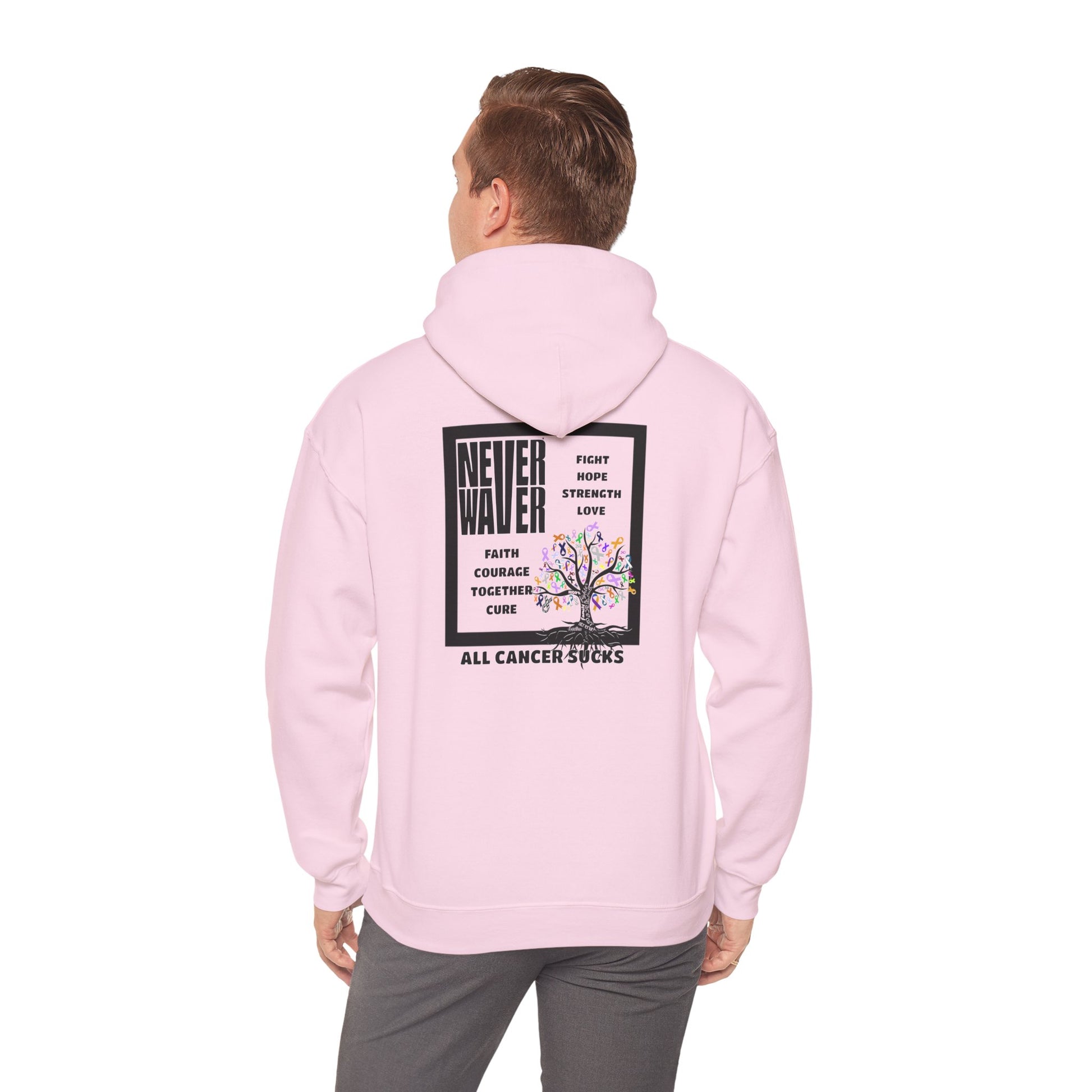 Cancer Awareness Hoodie - Never Waver - Fight, Hope, Strength, Love Tree of Ribbons - Never Waver
