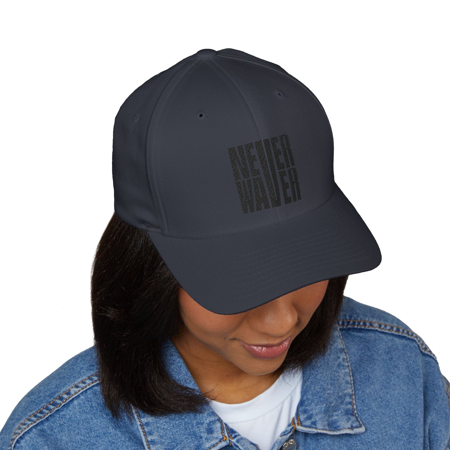 Never Waver Embroidered Cap - Structured White Baseball Hat for Motivation and Style