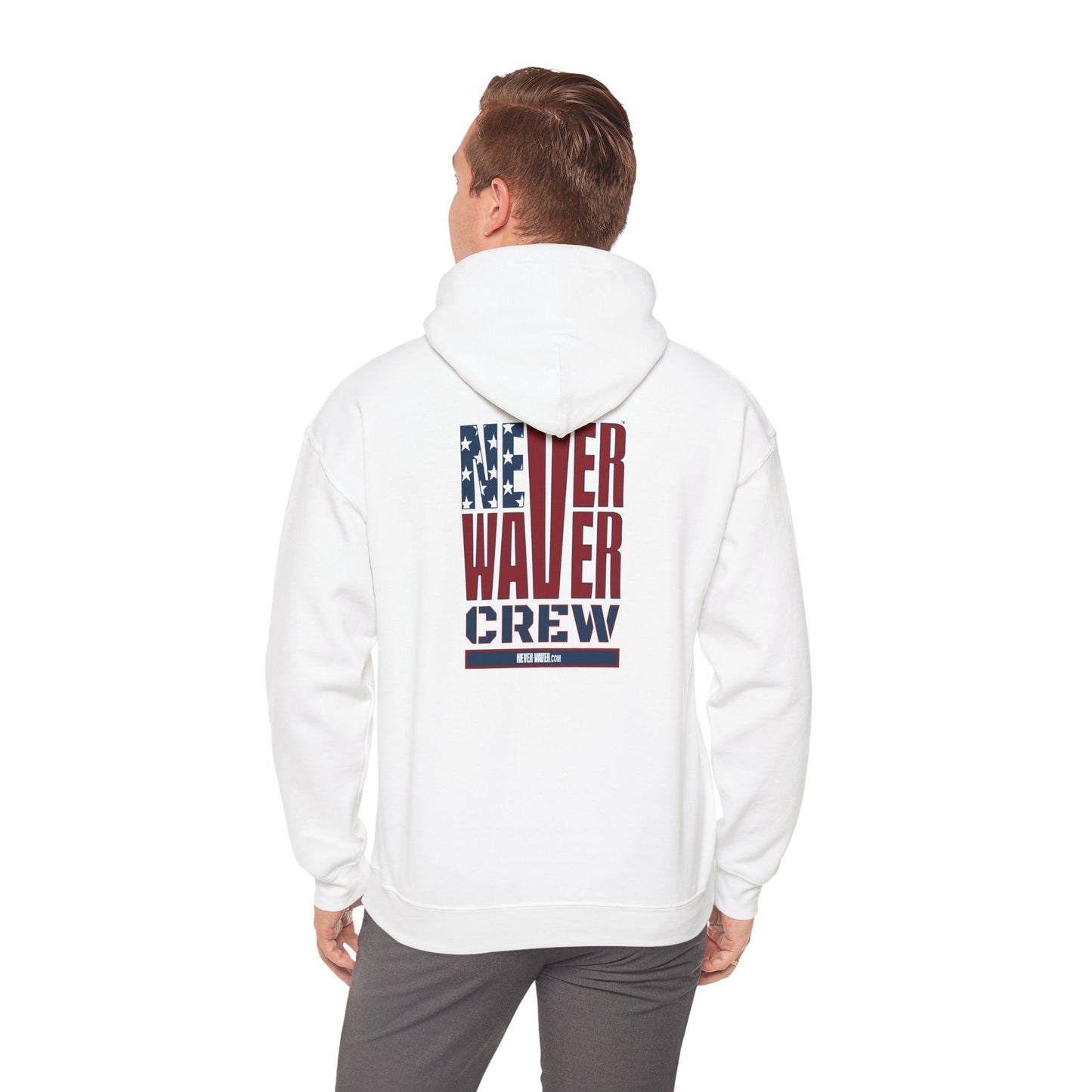 Unisex Heavy Blend™ Hooded Sweatshirt - Never Waver Crew with  American Flag Design - Never Waver